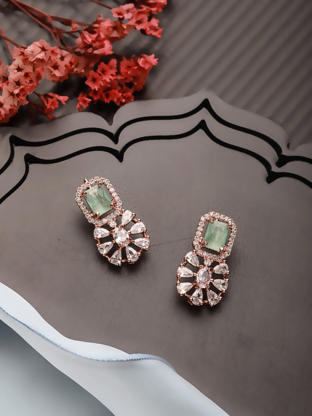 Jazz And Sizzle Rose Gold-Plated AD & Mint Green Stone Studded Earrings