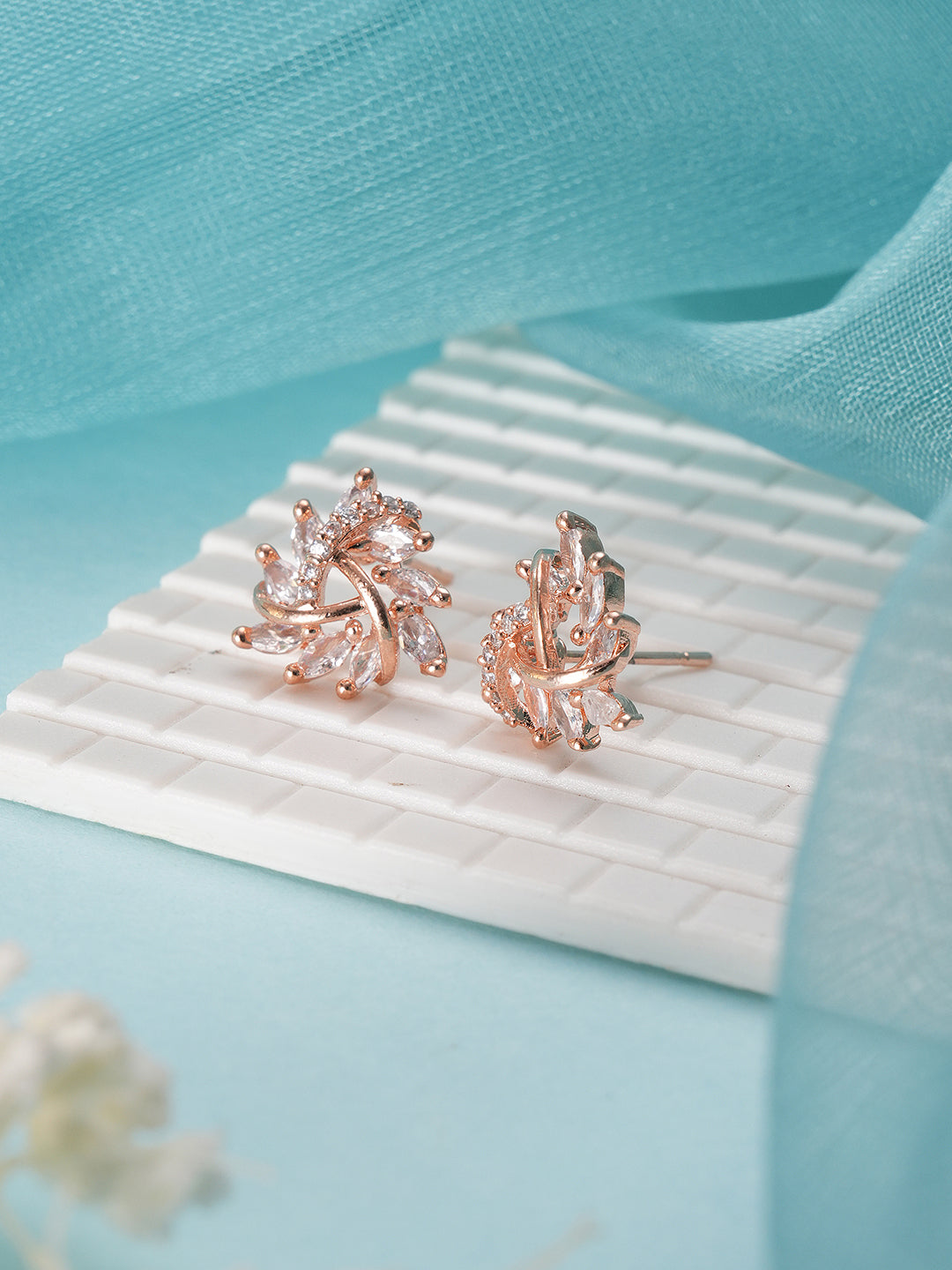 Jazz And Sizzle Rose Gold-Plated CZ Studded Triangular Floral Studs Earrings