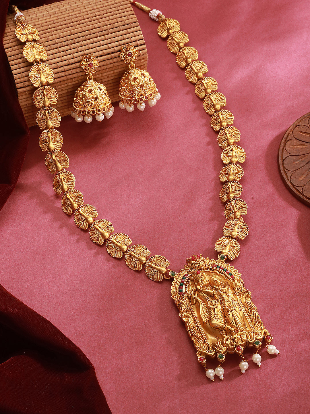Jazz And Sizzle 22K Gold Plated Golden Beads & Pearl Drops Radha Krishna Temple Jewellery Set