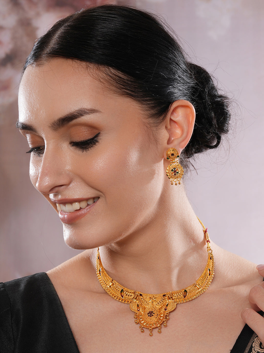 Jazz And Sizzle 22K Gold Plated Circular Design Necklace Set with Matching Earrings Dubai Style Jewelry Set