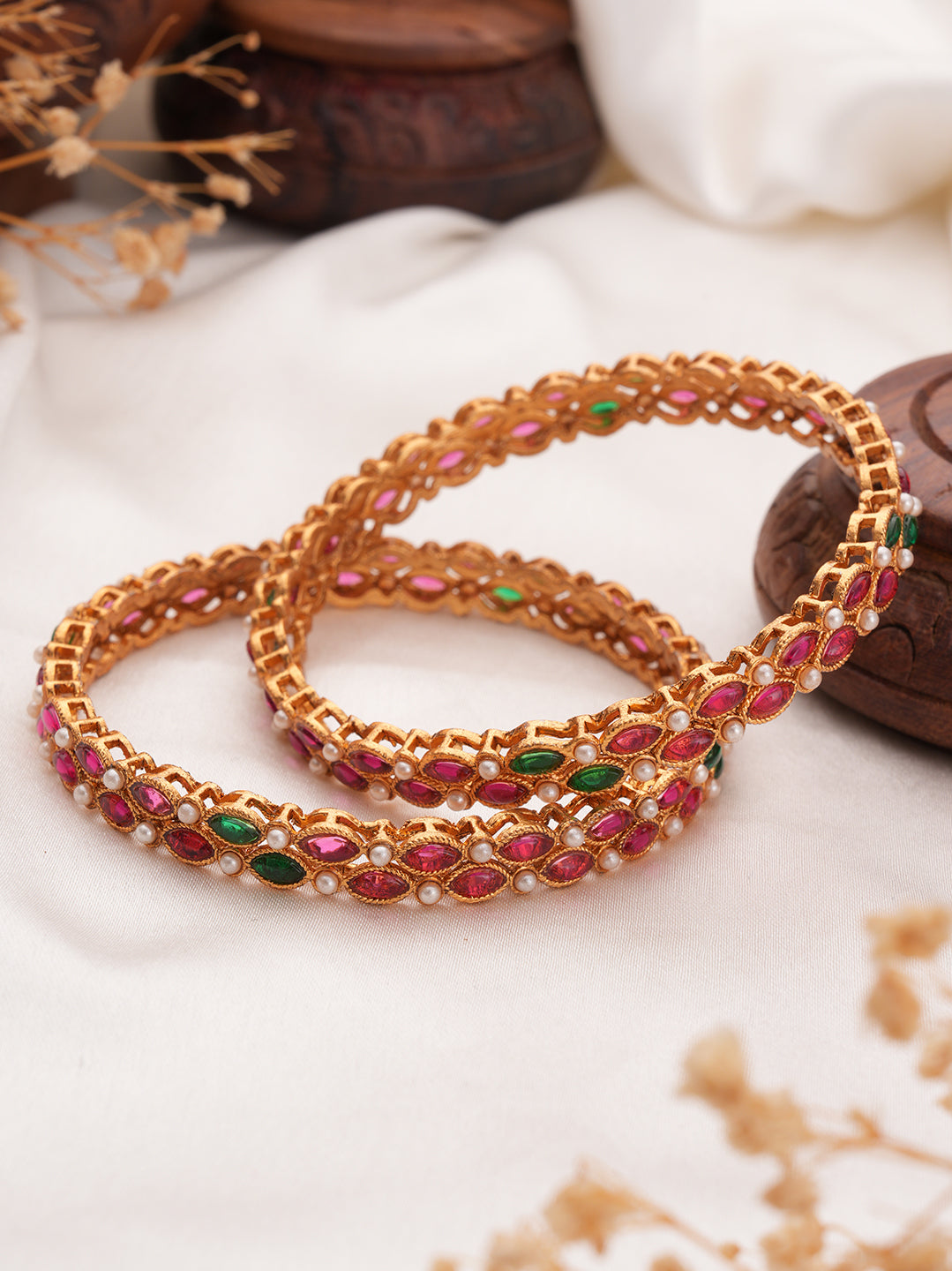 Set of 2 18K Gold-Plated Ruby and Emerald Gemstones Studded & Pearl Beaded Bangles