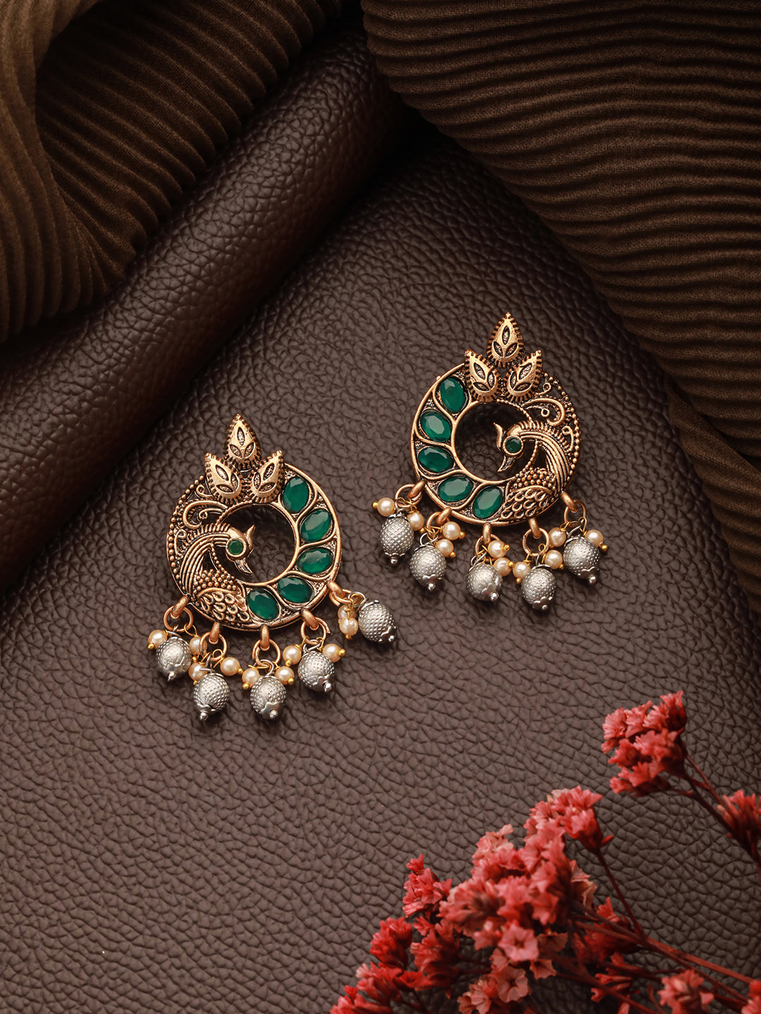 Jazz And Sizzle Gold-Plated Artificial Stone Studded & Beaded Peacock Shaped Drop Earrings