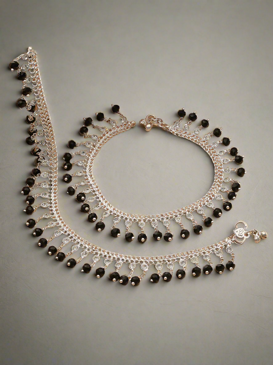 Set Of 2 Silver Plated & Black Crystal Beaded & Cz Studded Anklets
