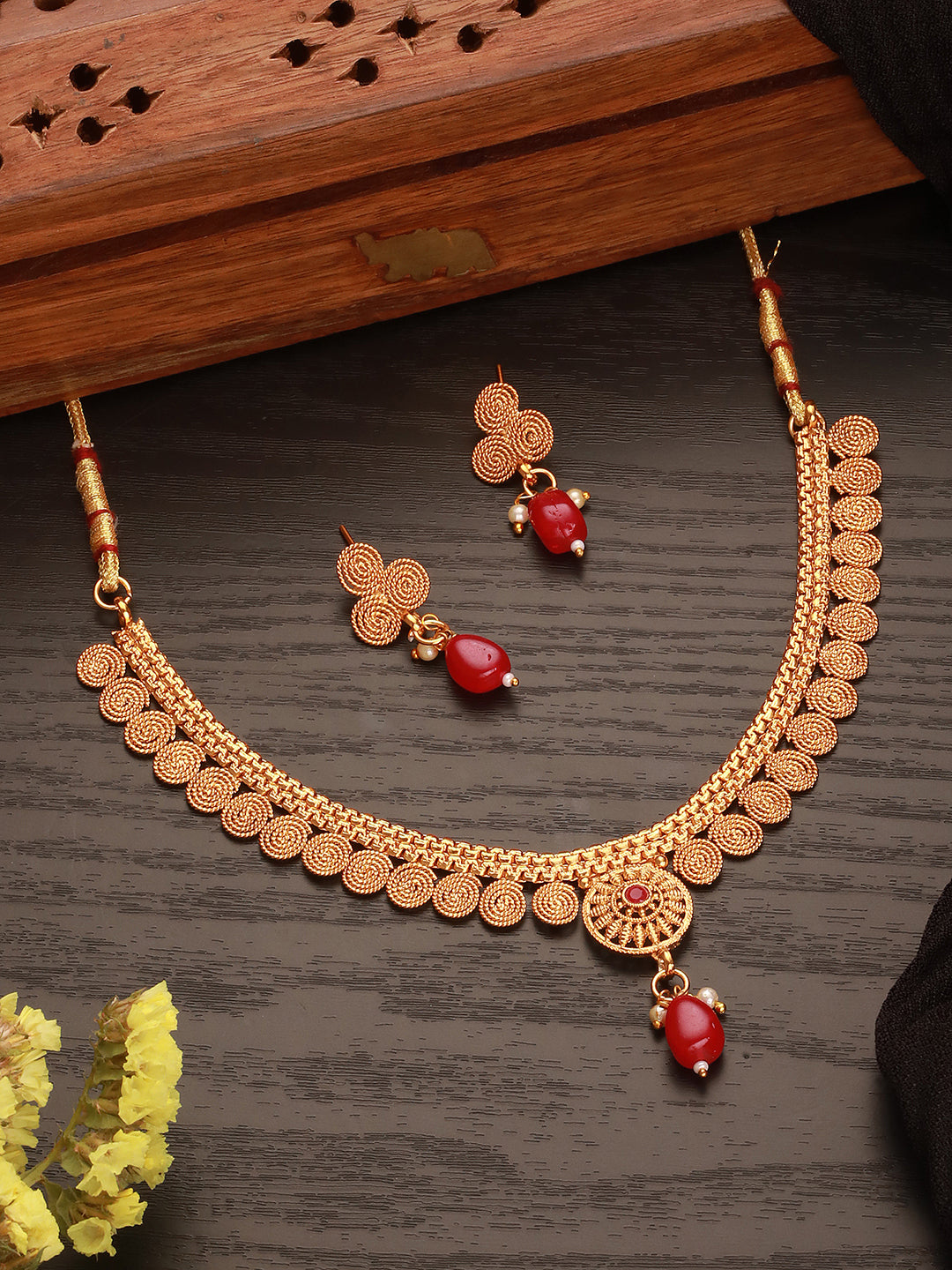 Jazz And Sizzle Gold-Plated Red Stone Studded- Spiral Necklace Set