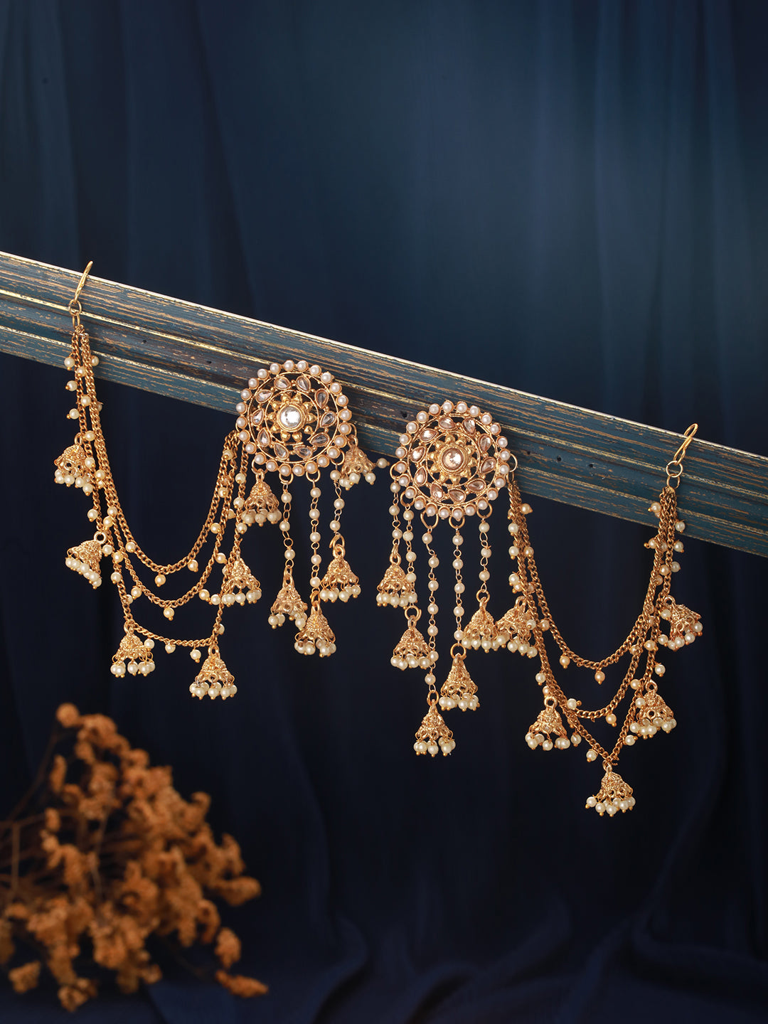 Jazz And Sizzle Gold-Plated Kundan Studded & Beaded Women Classic Jhumka Earrings with Kanchain