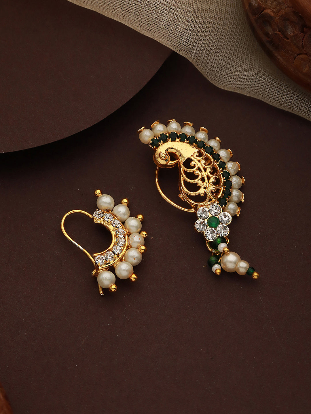 Set Of 2 Gold-Plated AD Stone-Studded & Pearl Beaded Nosepin - Jazzandsizzle