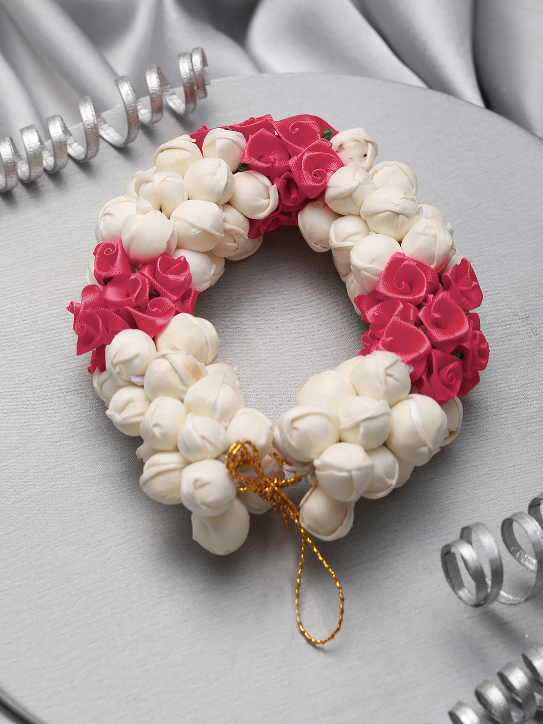 Women Pink Rose & White Mogra Artificial Flower Gajra Floral Hair Bun - Jazzandsizzle
