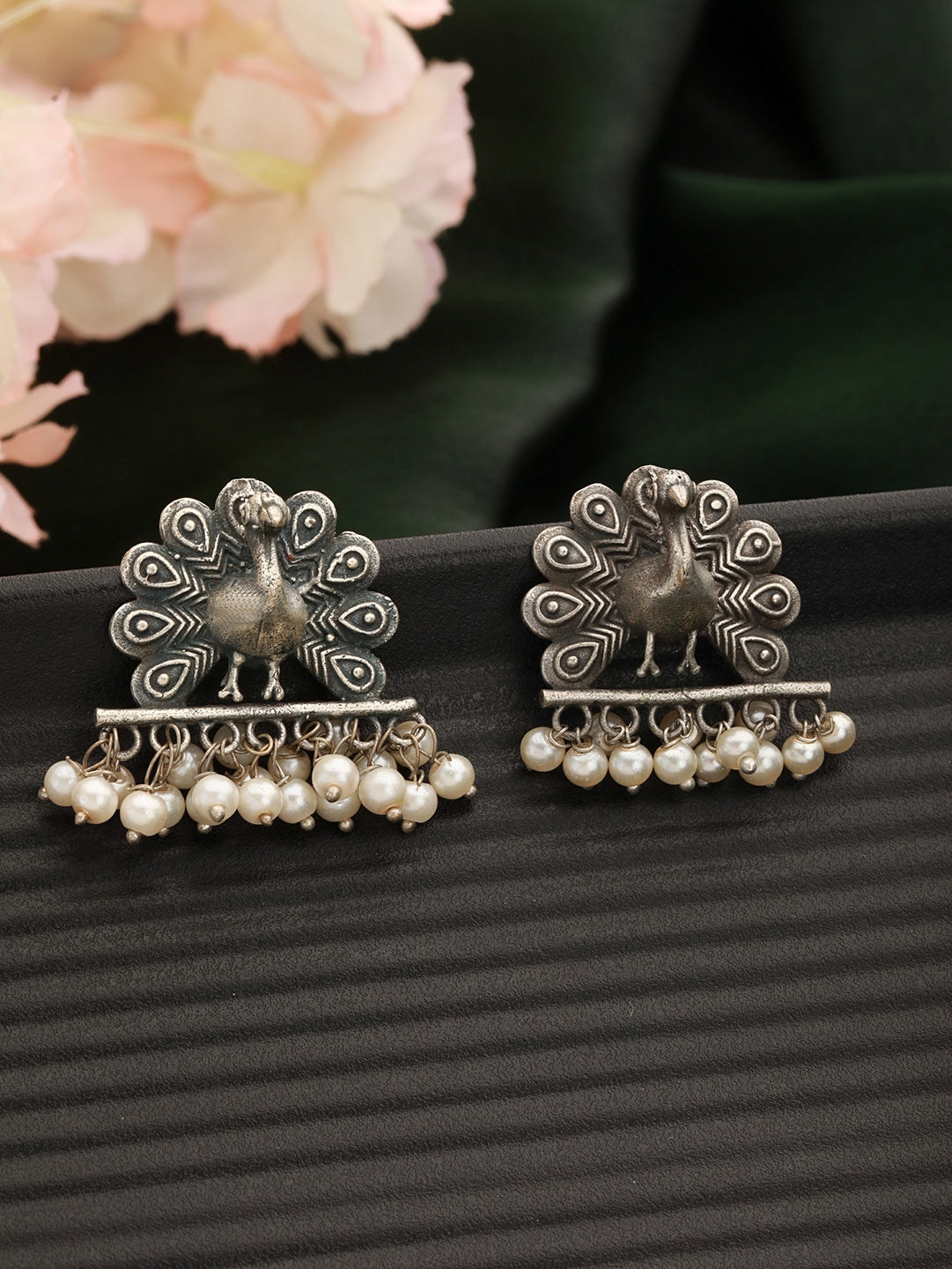 Jazz And Sizzle Silver Plated & Pear Beaded Oxidised Peacock Shaped Drop Earrings