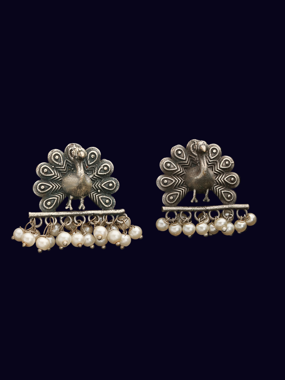 Jazz And Sizzle Silver Plated & Pear Beaded Oxidised Peacock Shaped Drop Earrings