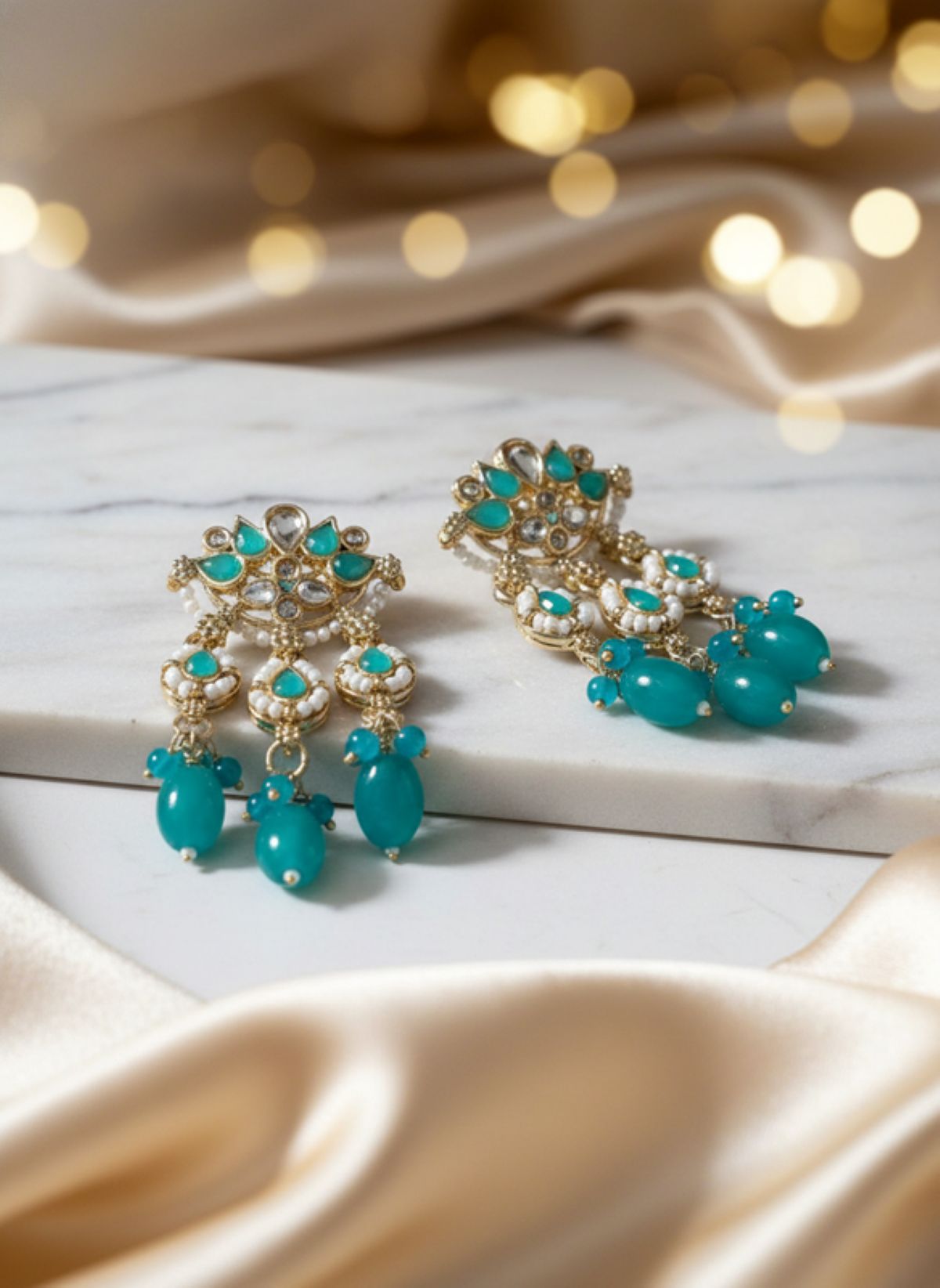 Jazz And Sizzle Gold Plated Turquoise Blue Kundan Stone Studded & Beaded Lotus Shaped Drop Earrings