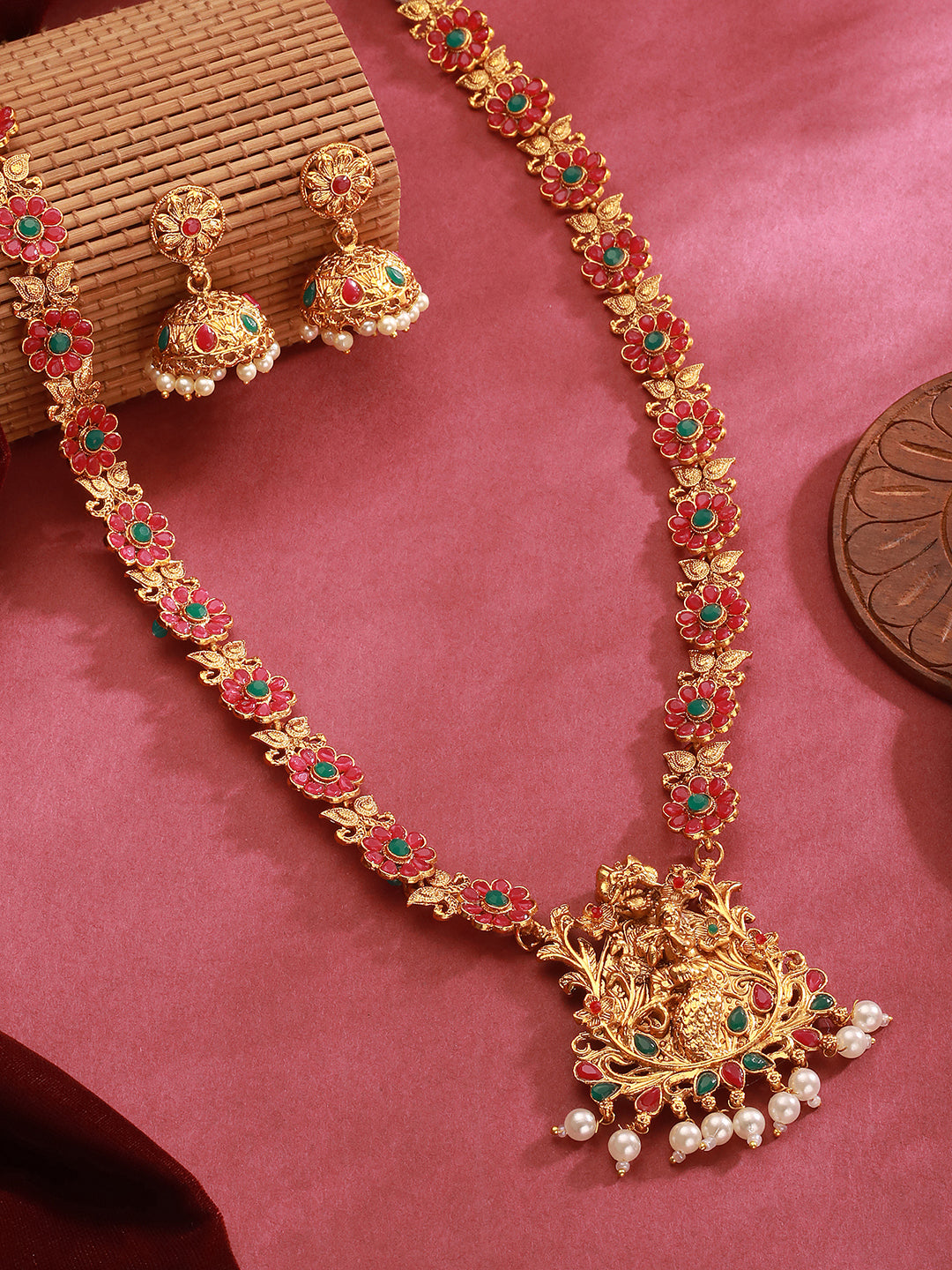 Jazz And Sizzle Gold-Plated Faux Ruby Studded Floral & Krishna Motif Temple Jewelry Set