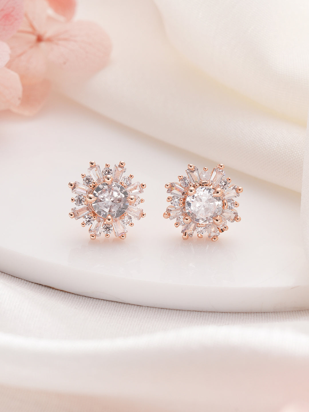 Jazz And Sizzle Rose Gold-Plated American Diamond Studded Floral Stud Earrings