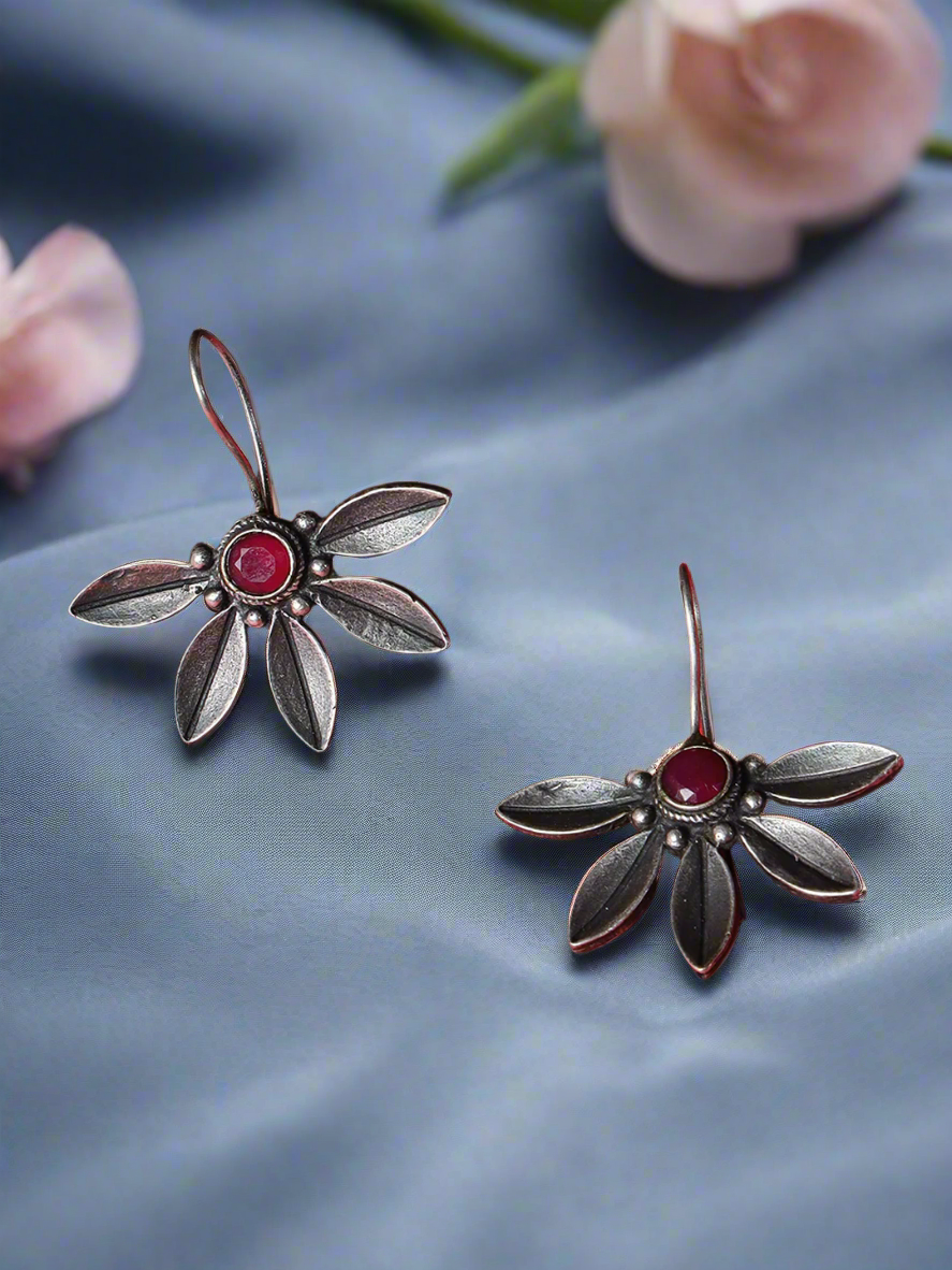 Red Oxidized Floral Drop Earrings