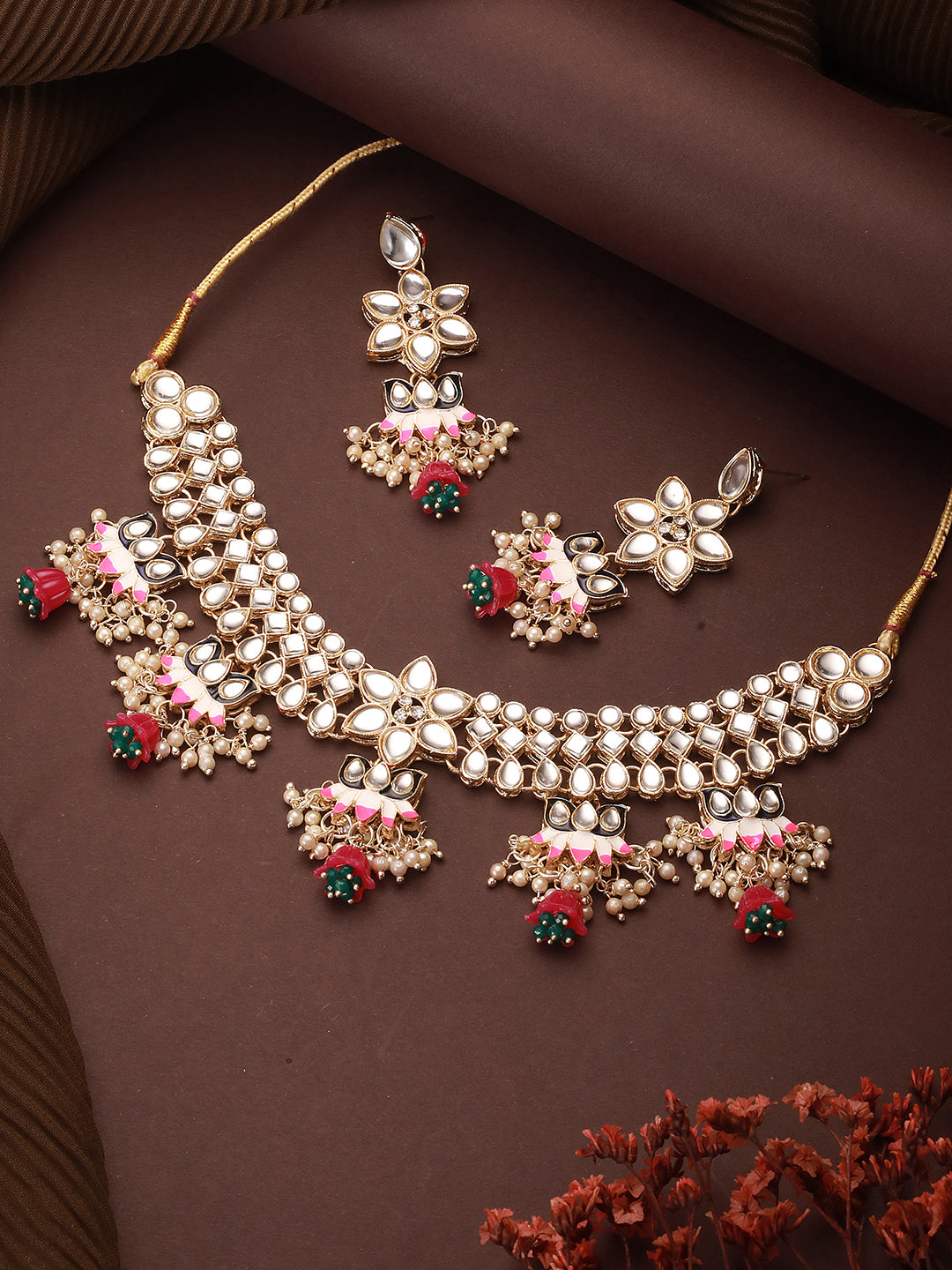 Jazz And Sizzle Gold-Plated Kundan-Studded & Black & Red Minakari Necklace & Earrings Set