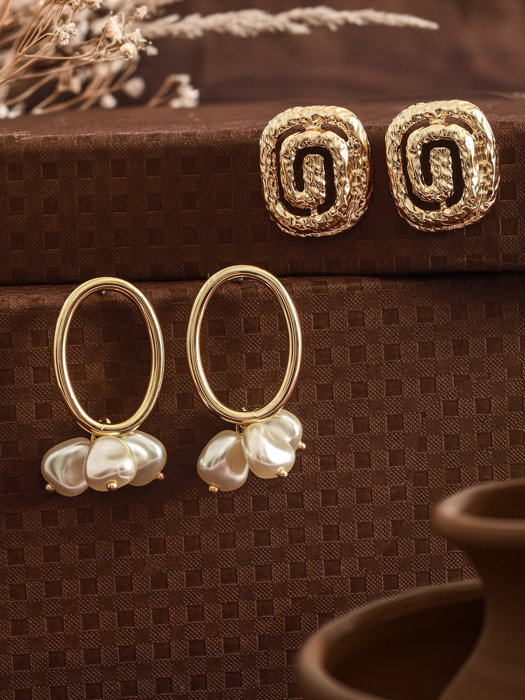 Set Of 2 Gold-Plated Contemporary Studs