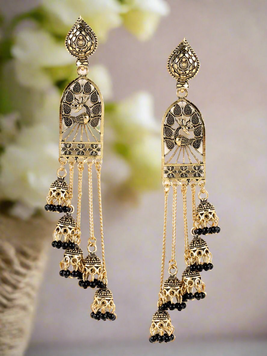 Jazz And Sizzle Designer Gold Plated Peacock Shape Enameled Traditional Everyday Drop Earrings