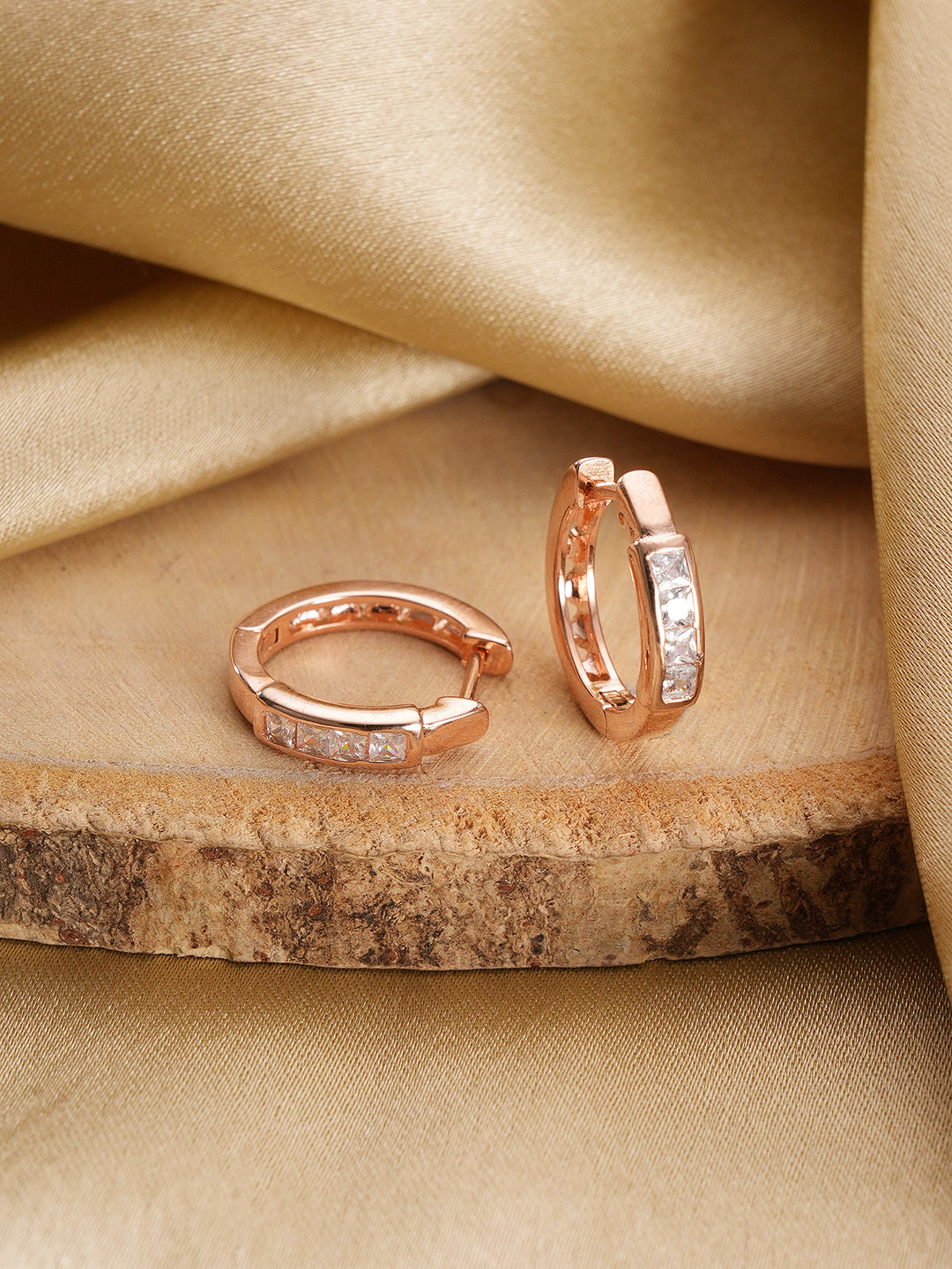 Jazz And Sizzle Rose Gold Crystals Studded Rose Gold-Plated Contemporary Hoop Earrings