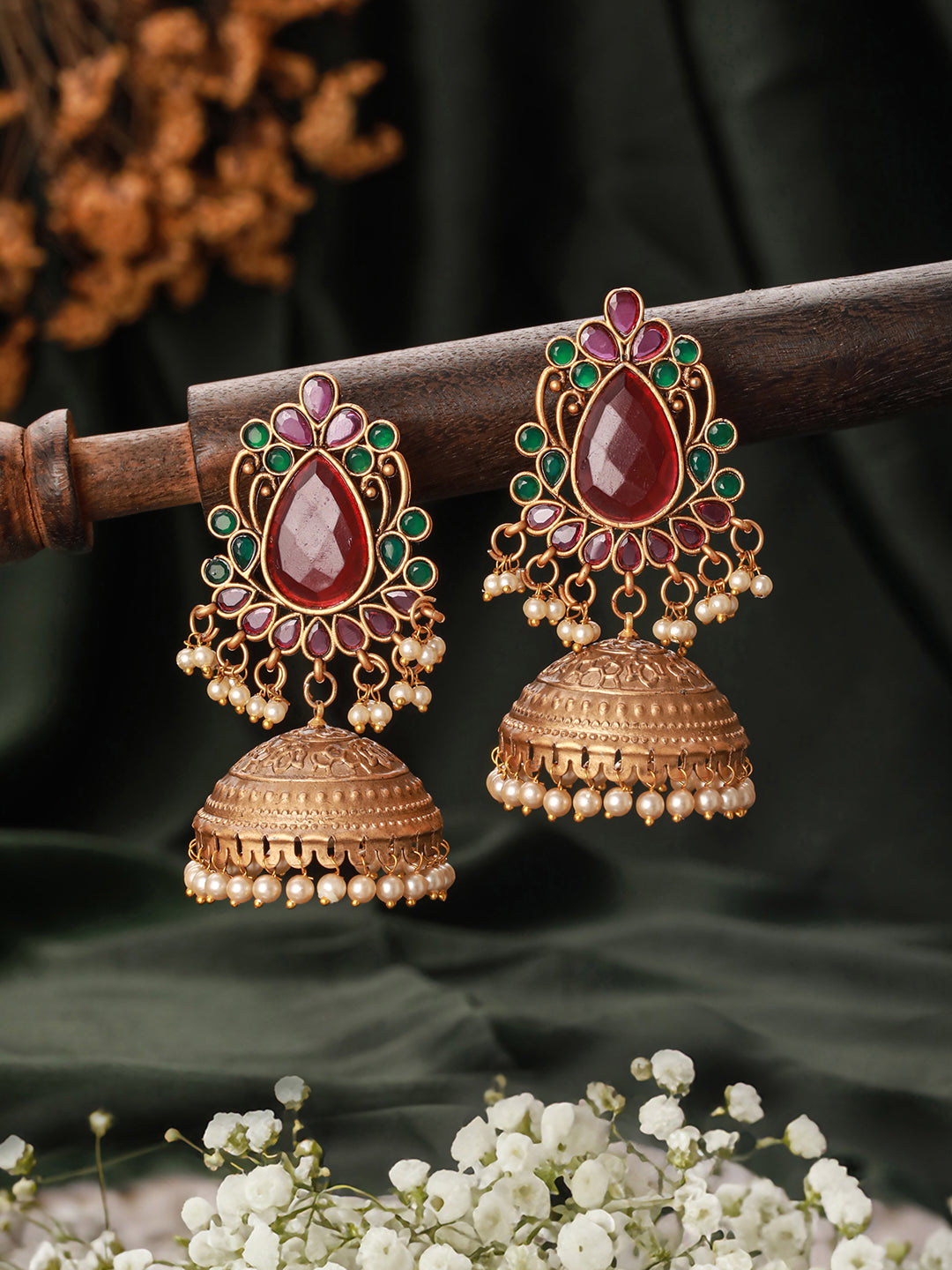 Jazz and Sizzle Gold-Plated Stones Studded Beads Beaded Dome Shaped Jhumka Earrings