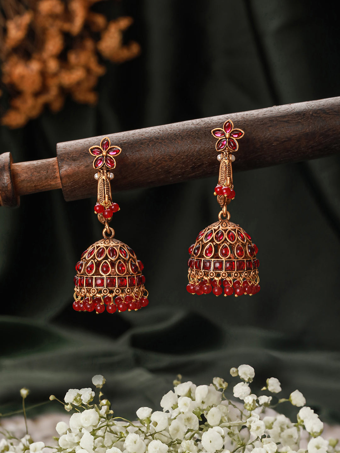 Jazz and Sizzle Gold-Plated Faux Ruby Studded Beads Beaded Dome Shaped Jhumka Earrings