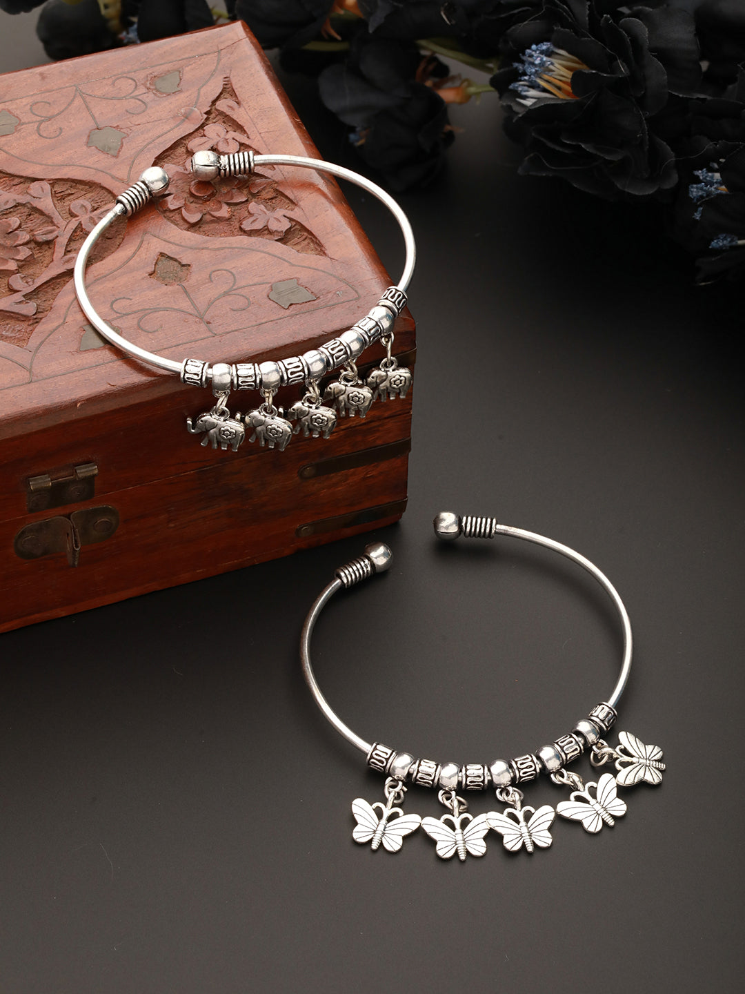 SET OF 2 Silver-Toned Silver-Plated Oxidised Butterfly & Elephant Charm Bracelet - Jazzandsizzle