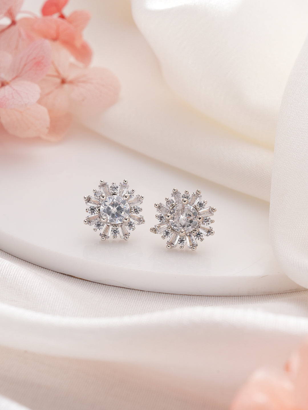 Jazz And Sizzle Silver-Plated American Diamond Studded Floral Stud Earrings
