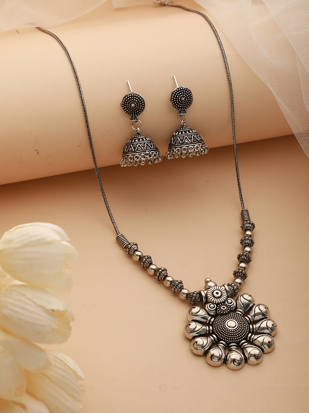 Silver-Plated Circular Shaped Oxidized Jewellery Set - Jazzandsizzle