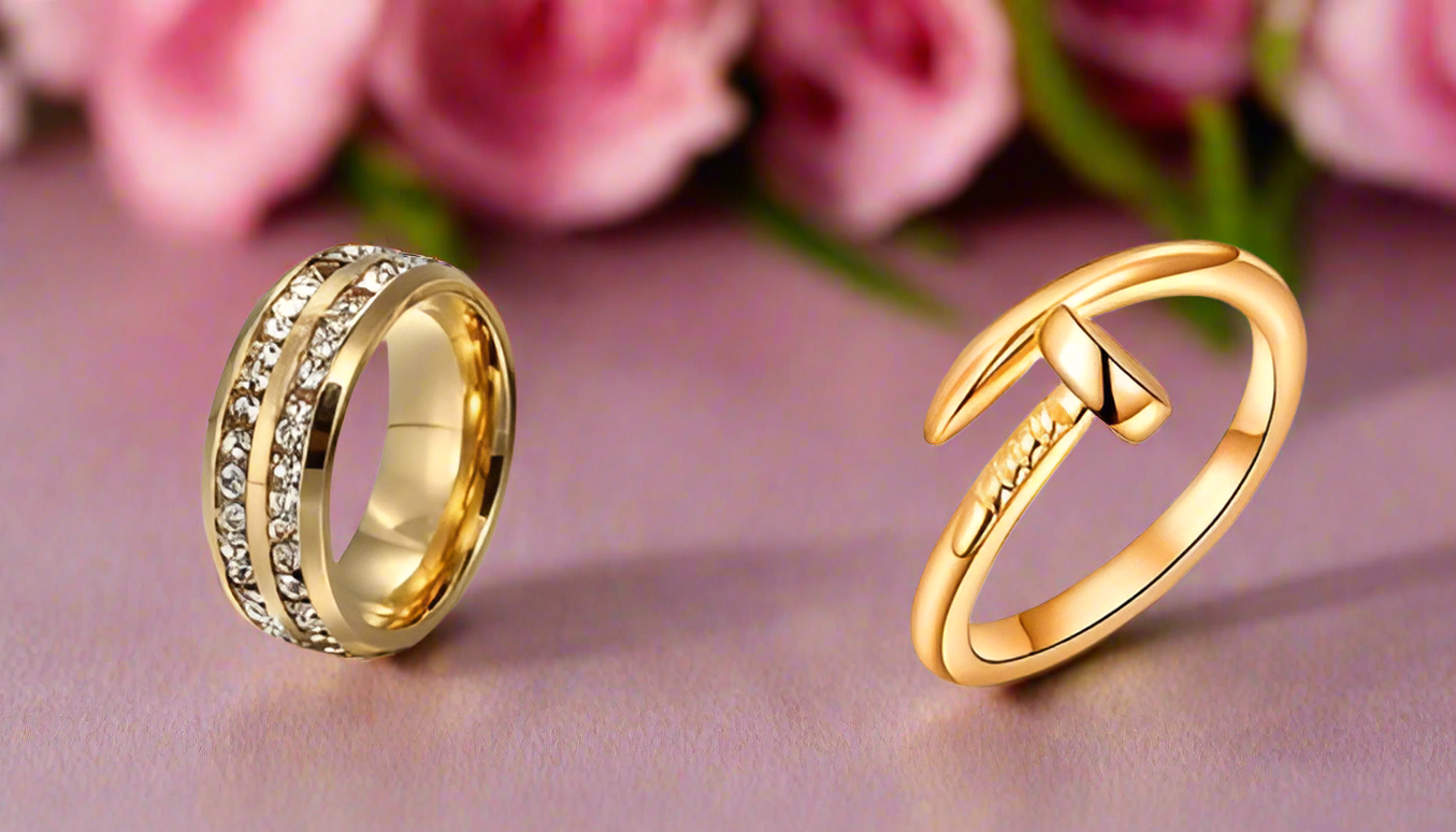Jazz And Sizzle Set of 2 Gold Plated Zircon Studded Adjustable Couple Ring for Valentines Gift