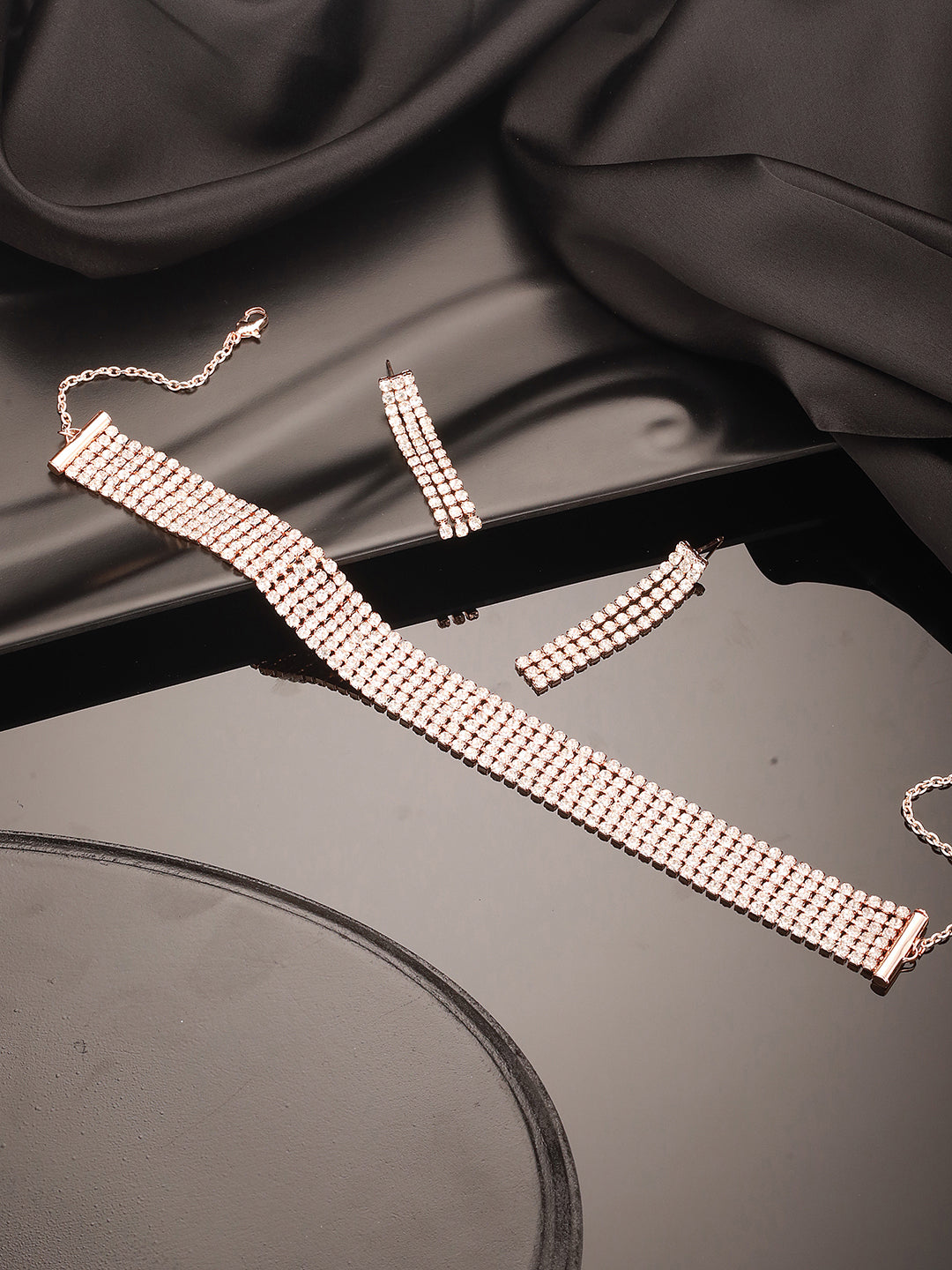 Jazz And Sizzle RoseGold Plated Crystal& Zirconia Studded MultiStrand Jewellery Set