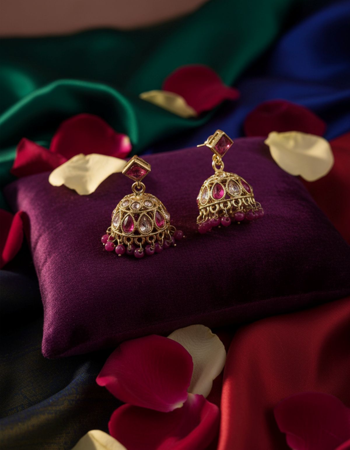 Jazz And Sizzle Gold Plated Pinkish Red Kundan & Stone Studded Jhumka Earrings