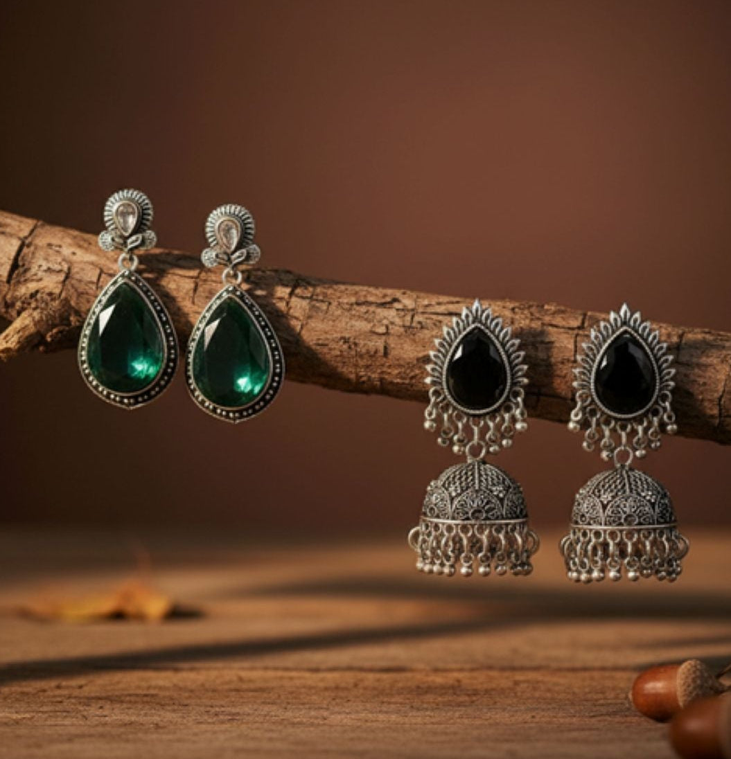Jazz And Sizzle Set of 2 Silver Plated Emarald Stone Studded Tear Drop Earrings & Black Stone Studded Jhumka Earrings