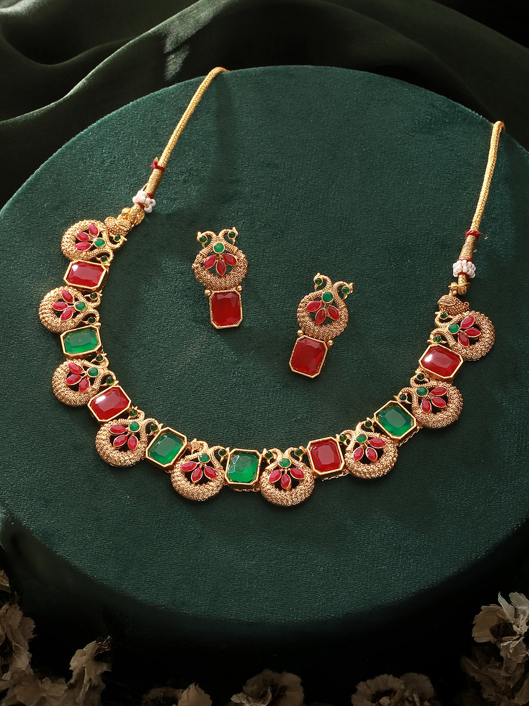 Jazz And Sizzle Gold-Plated Red & Green Stone Studded- Peacock Necklace Set