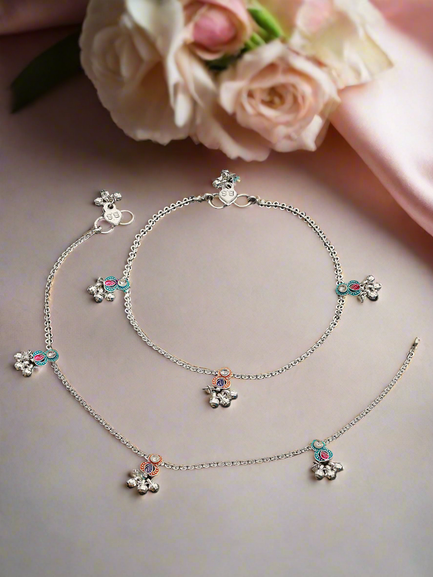 Set Of 2 Silver-Plated Pink&Blue Anklets With Ghungroo Detail