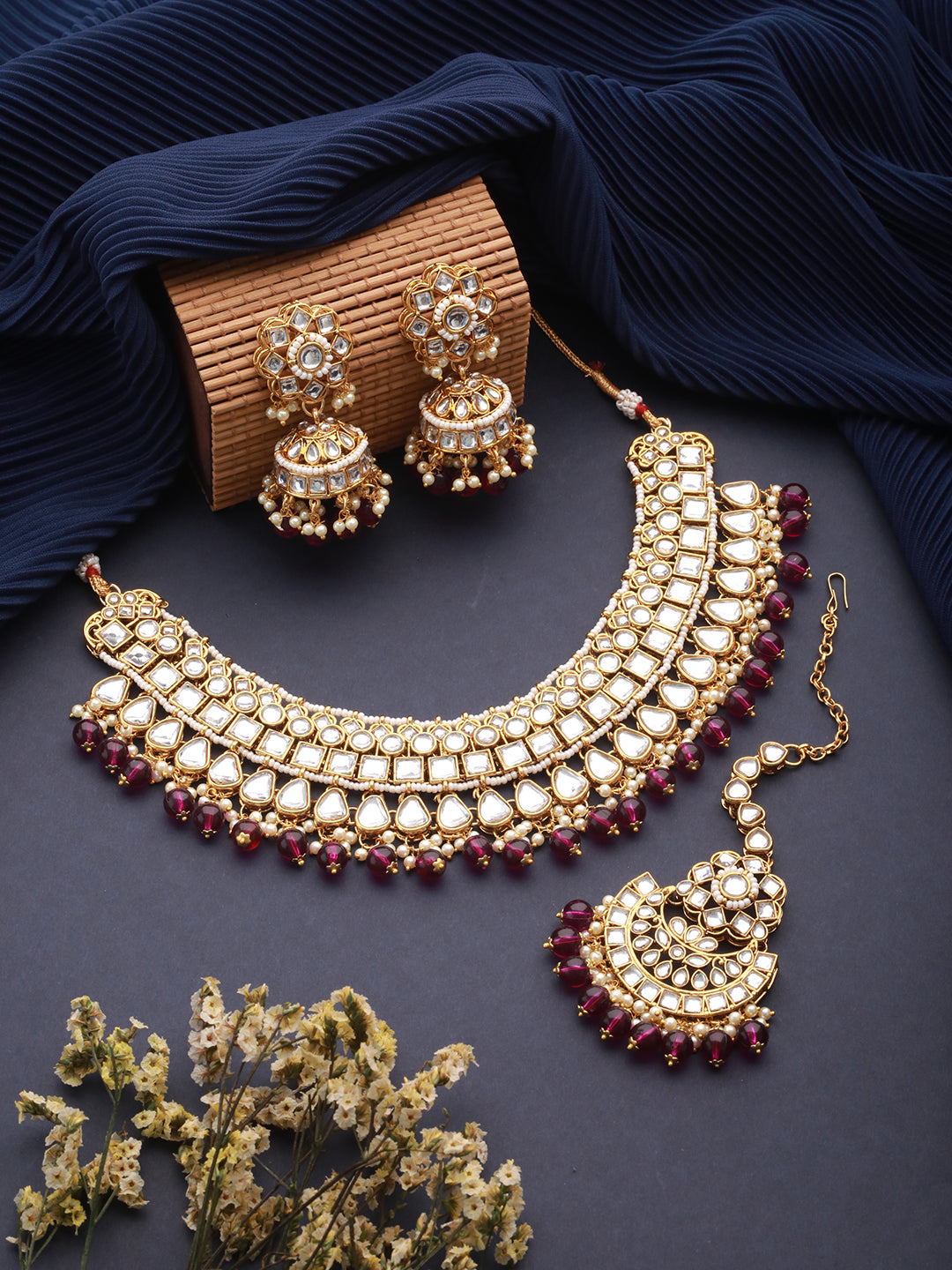 Jazz And Sizzle Gold-Plated & Wine Kundan Studded Jewelry Set with Maangtikka
