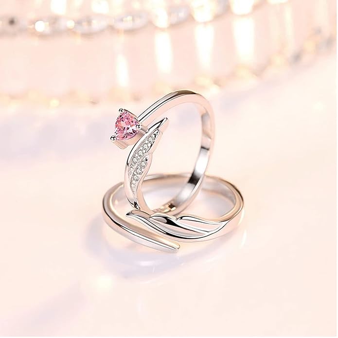 Jazz And Sizzle Set of 2 Silver Plated Pink Heart AD Studded Adjustable Couple Ring for Valentines Gift