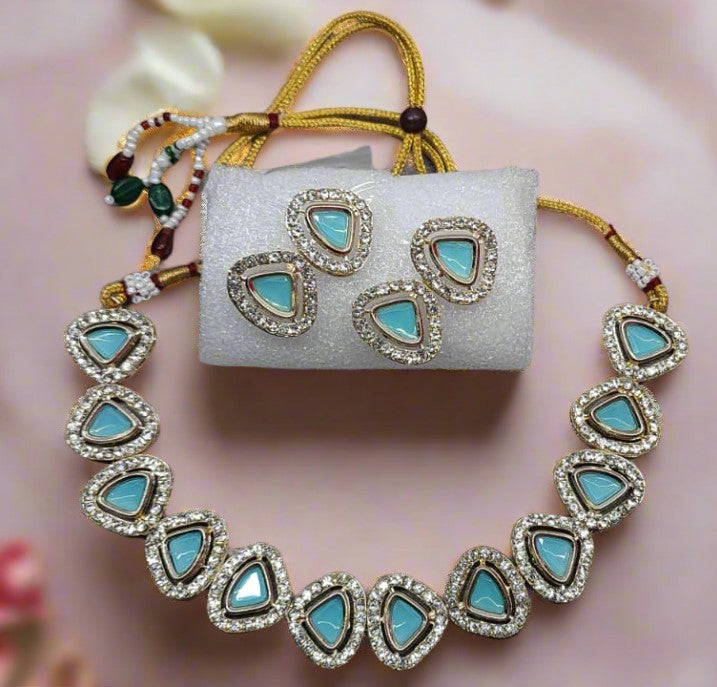 Jazz And Sizzle Gold-Plated Turquoise Blue Polki-Studded Jewelry Set