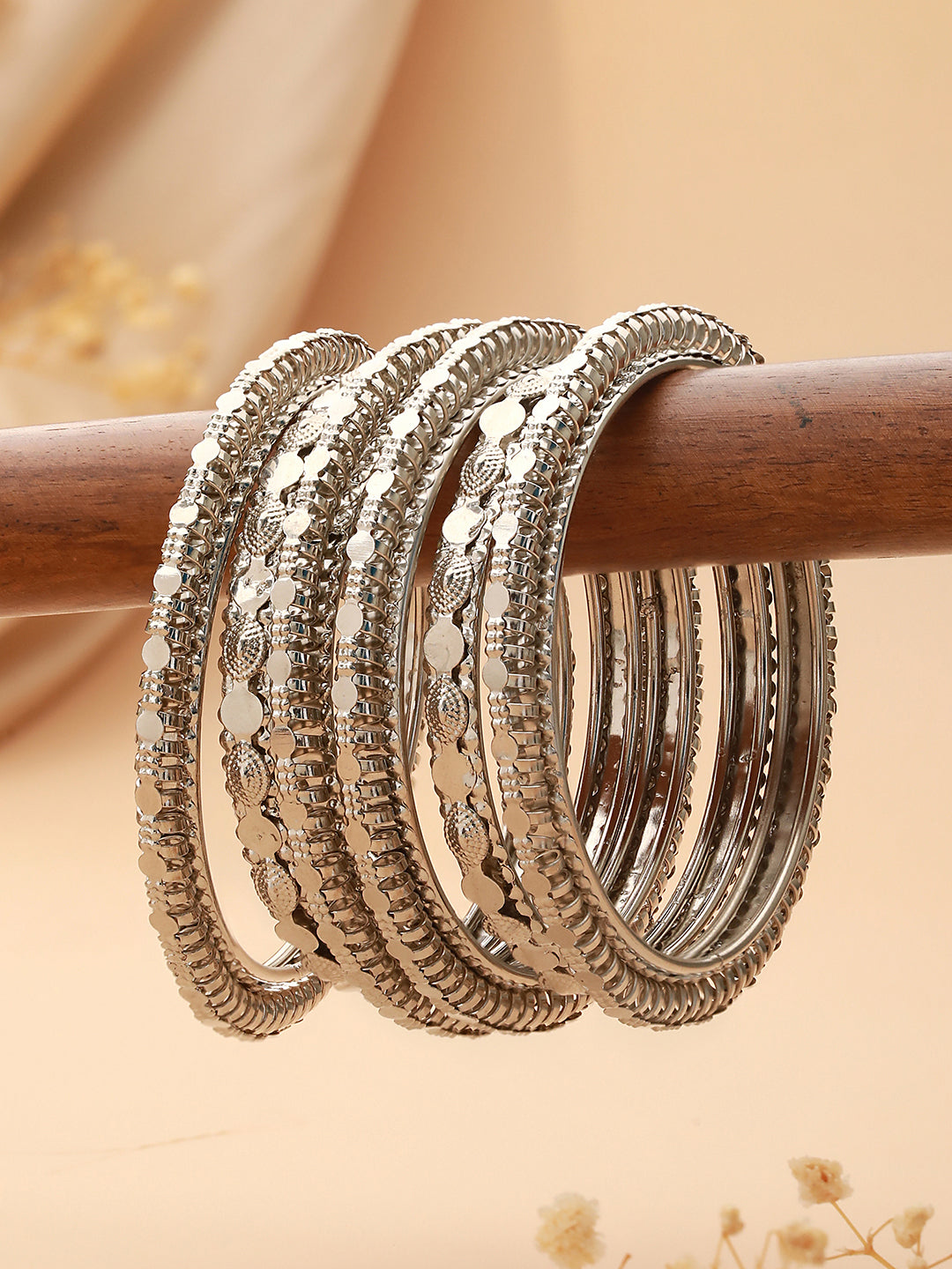 Set of 6 Oxidised Silver-Plated Textured Bangles Set - Jazzandsizzle