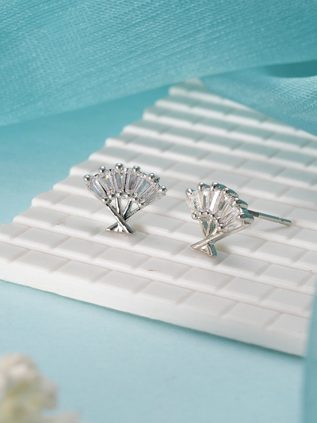 Jazz And Sizzle Silver-Toned Rhodium-Plated CZ-Studded Fan Shaped Stud Earrings