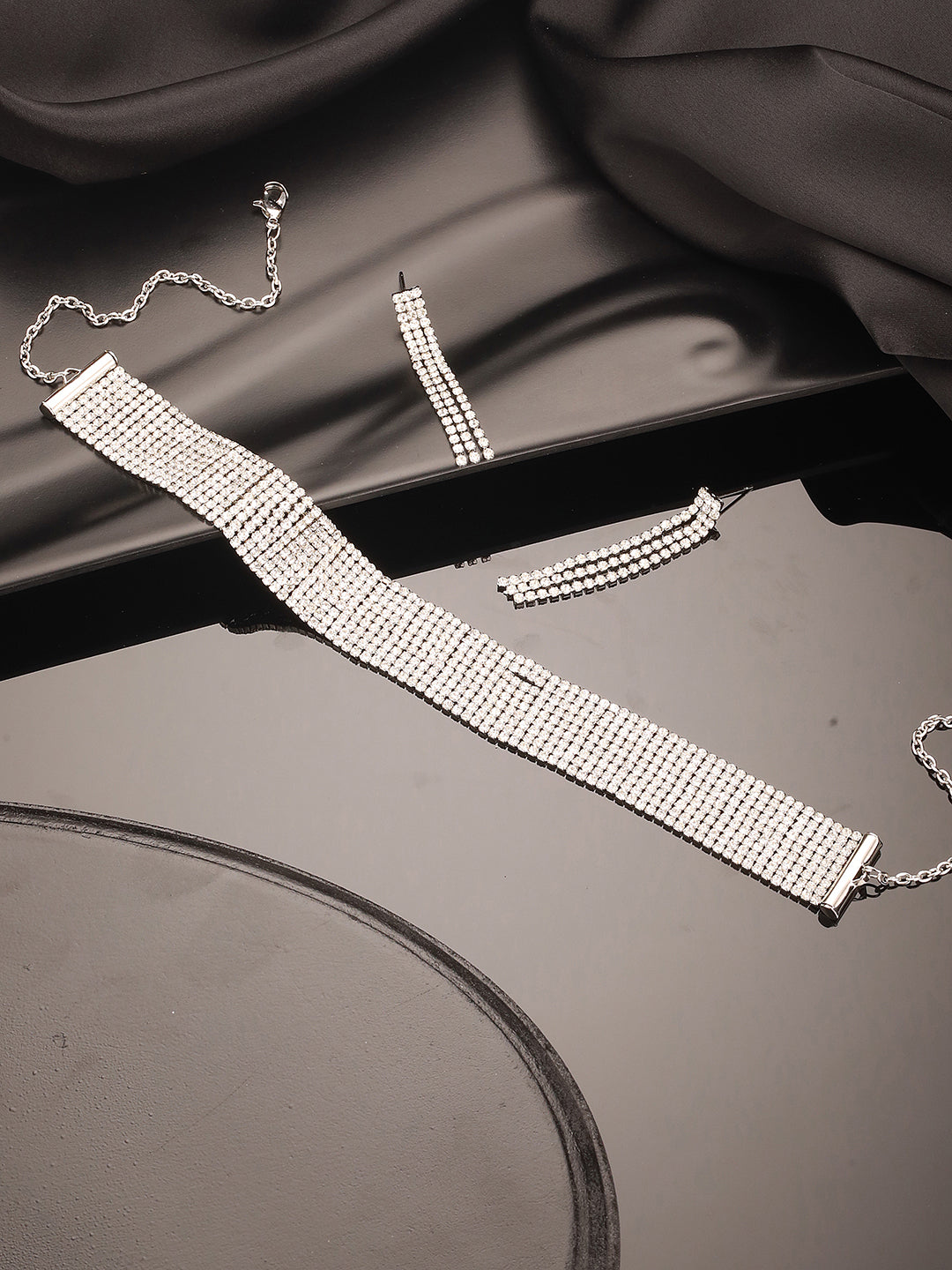 Jazz And Sizzle 18k Rhodium Plated Crystal AD & Zirconia Studded MultiStrand Statement Jewellery Set