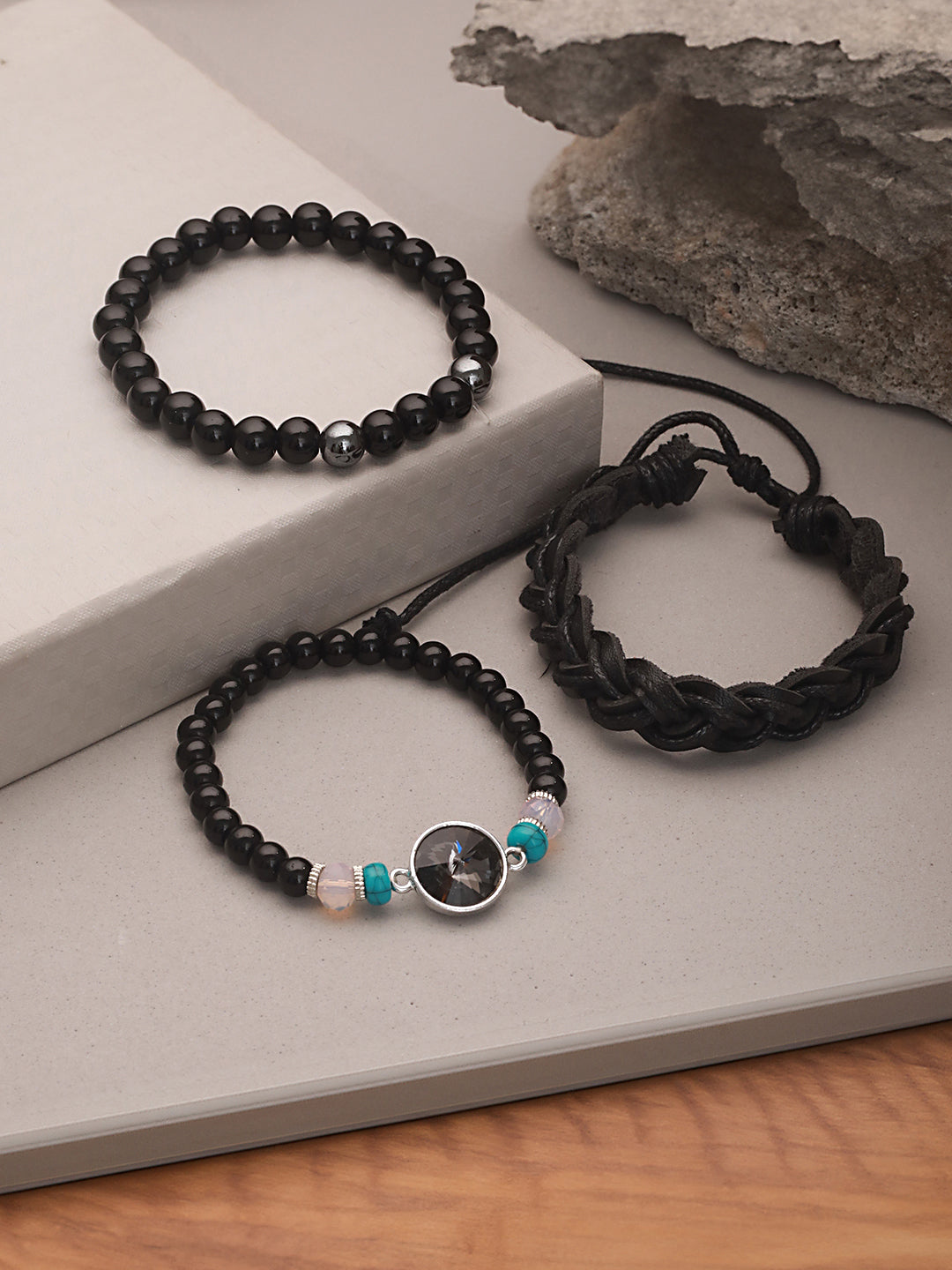 Jazz And Sizzle Men Set of 3 Black Beaded & Crystal Studded Elasticated Wraparound Bracelet