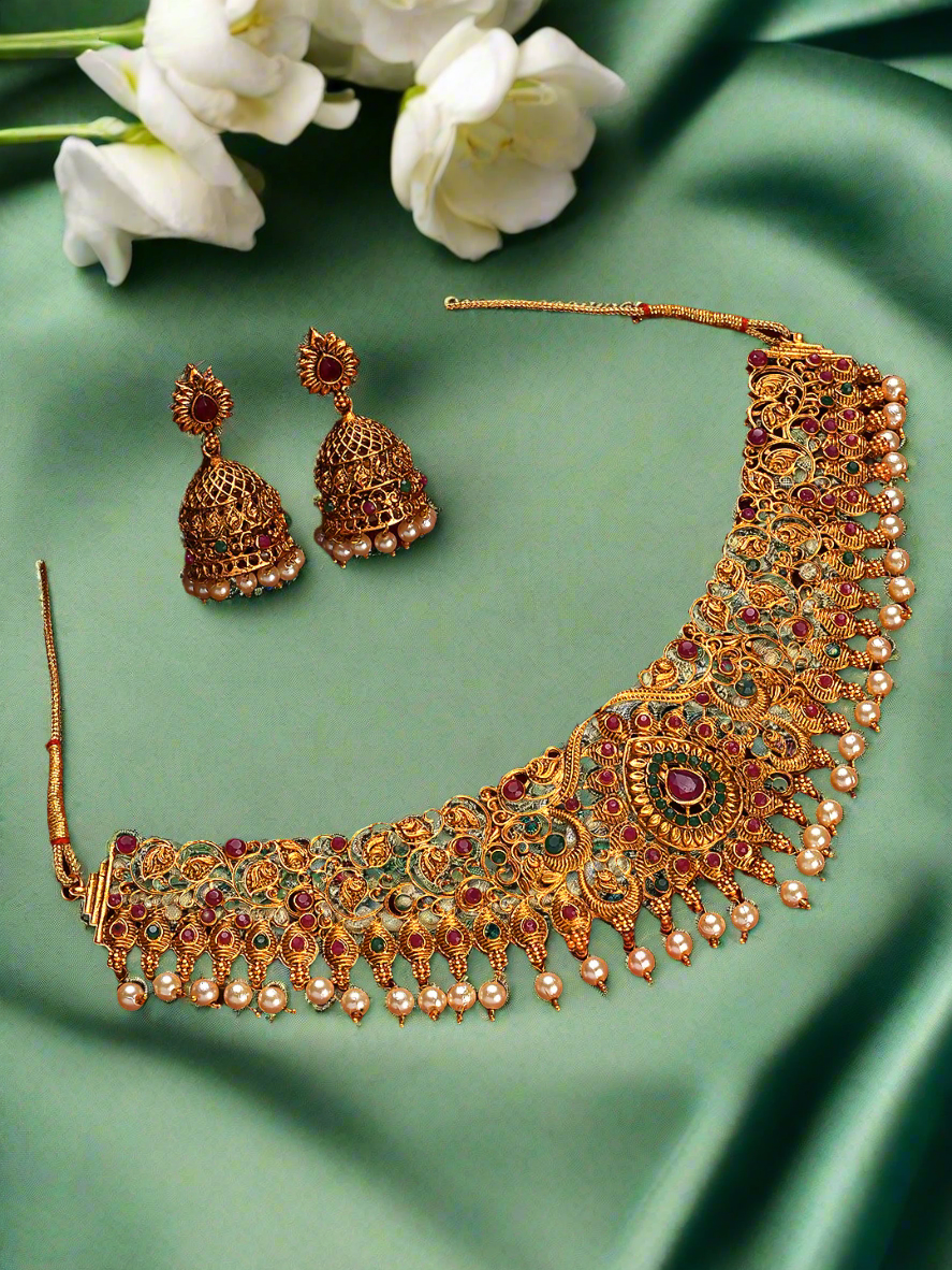 Gold-Toned Pink & Green Stone-Studded, Beaded Handcrafted Jewellery Set