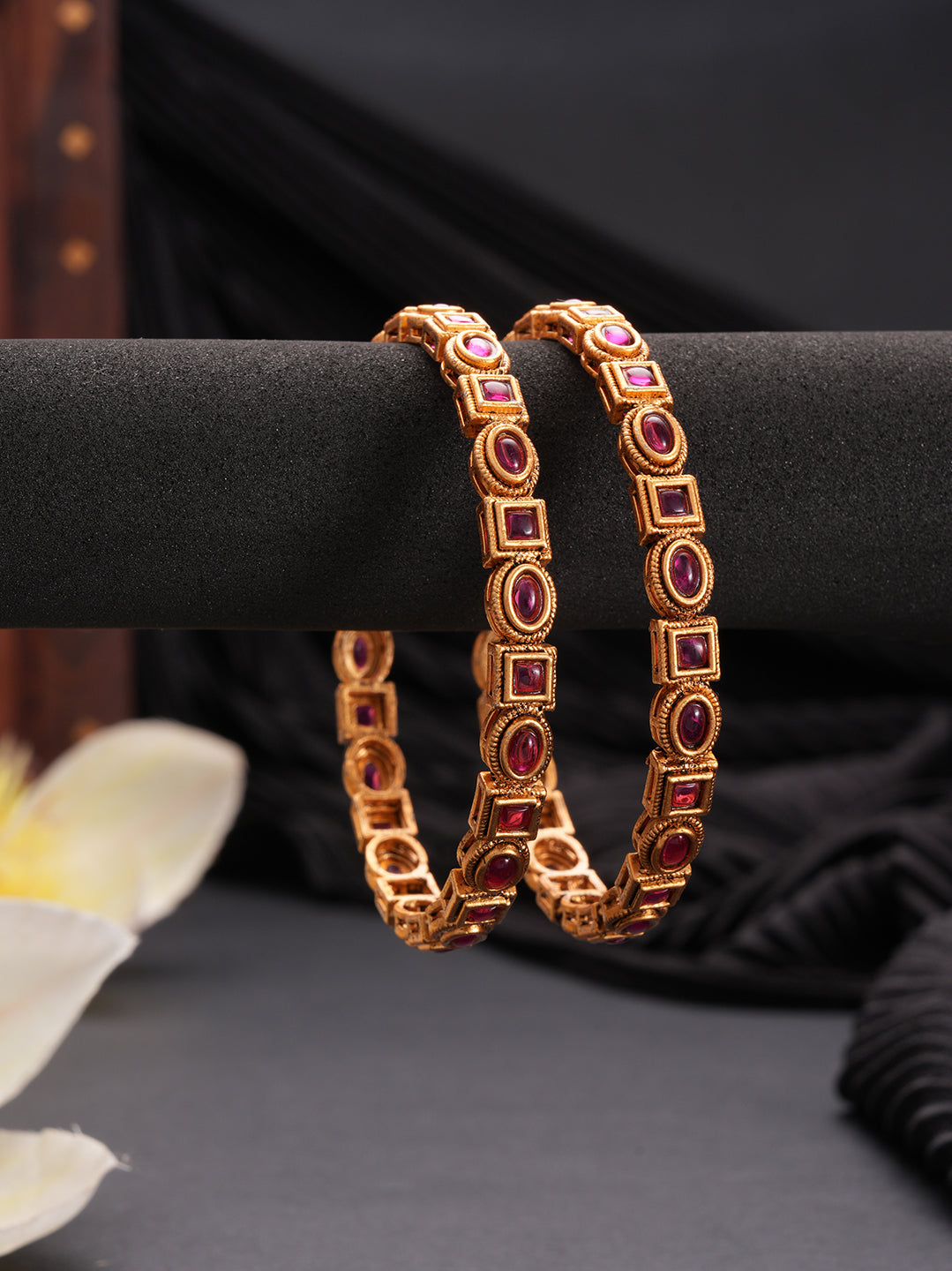 Jazz And Sizzle Set Of 2 18K Gold-Plated Ruby Stone Studded Bangles