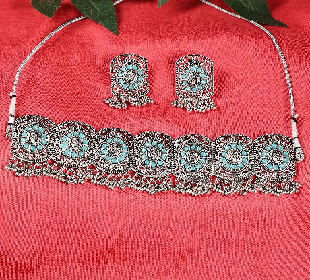 Blue Stones Studded Silver Plated Choker Set