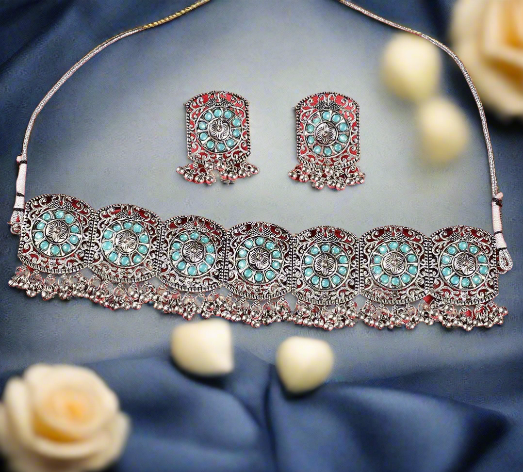 Blue Stones Studded Silver Plated Choker Set
