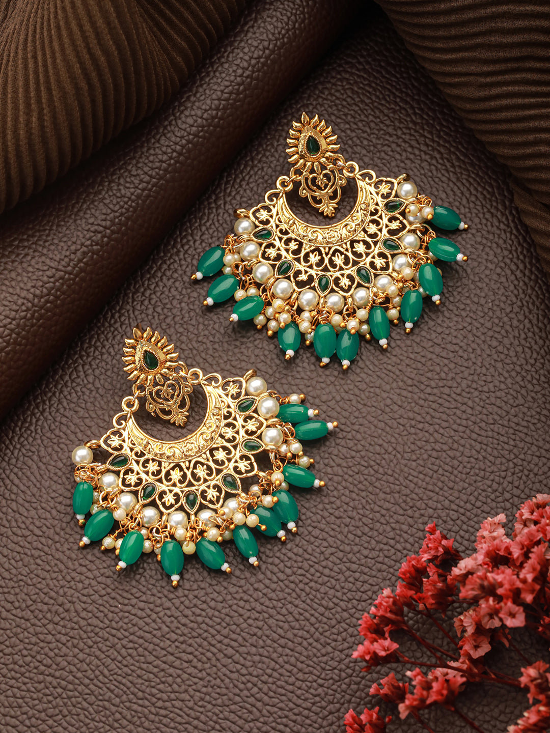 Jazz and Sizzle Gold-Plated Kundan Studded & Beaded Contemporary Chandballi Earrings