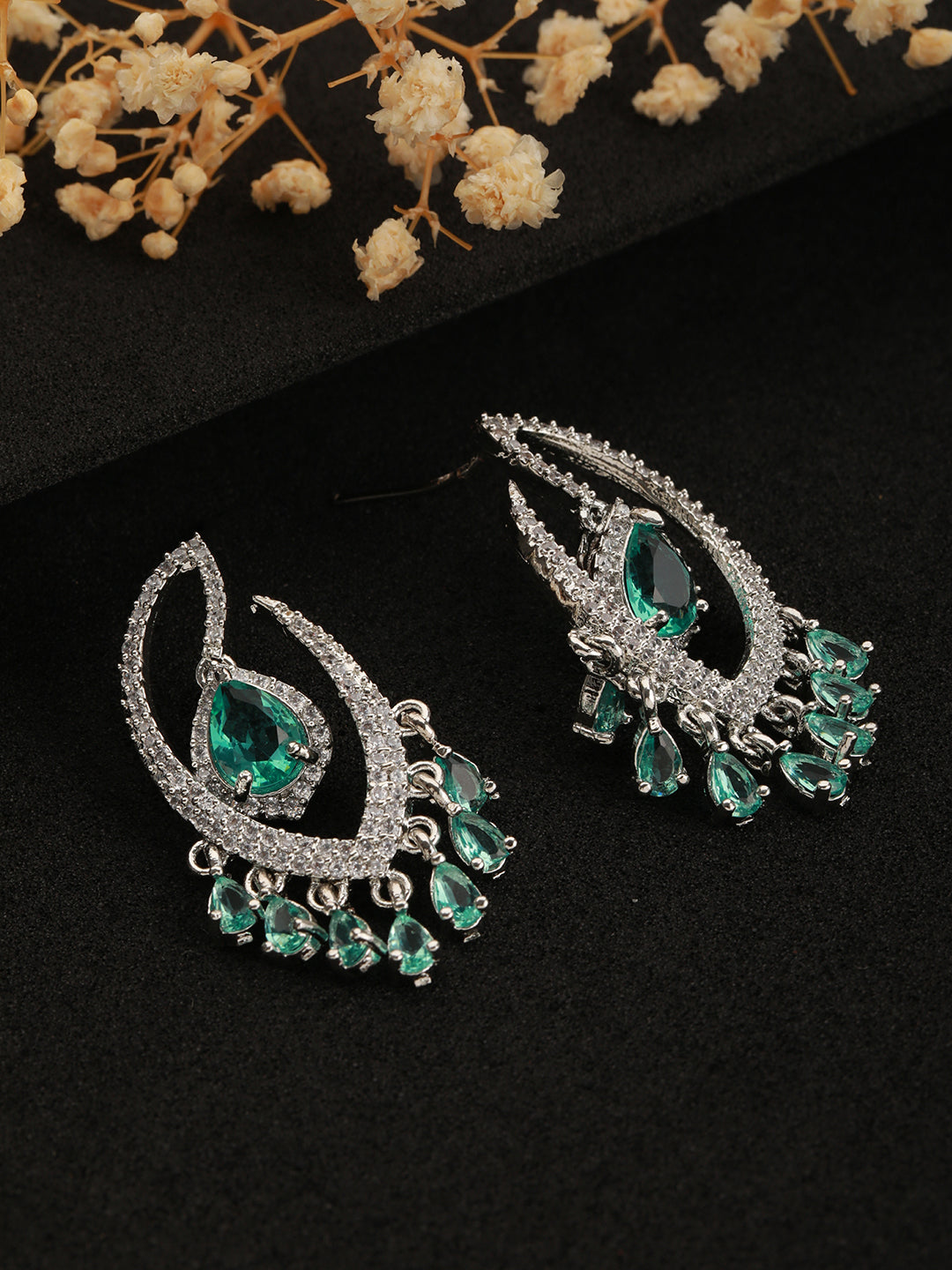 Green & White Rhodium Plated AD Studded Drop Earrings - Jazzandsizzle