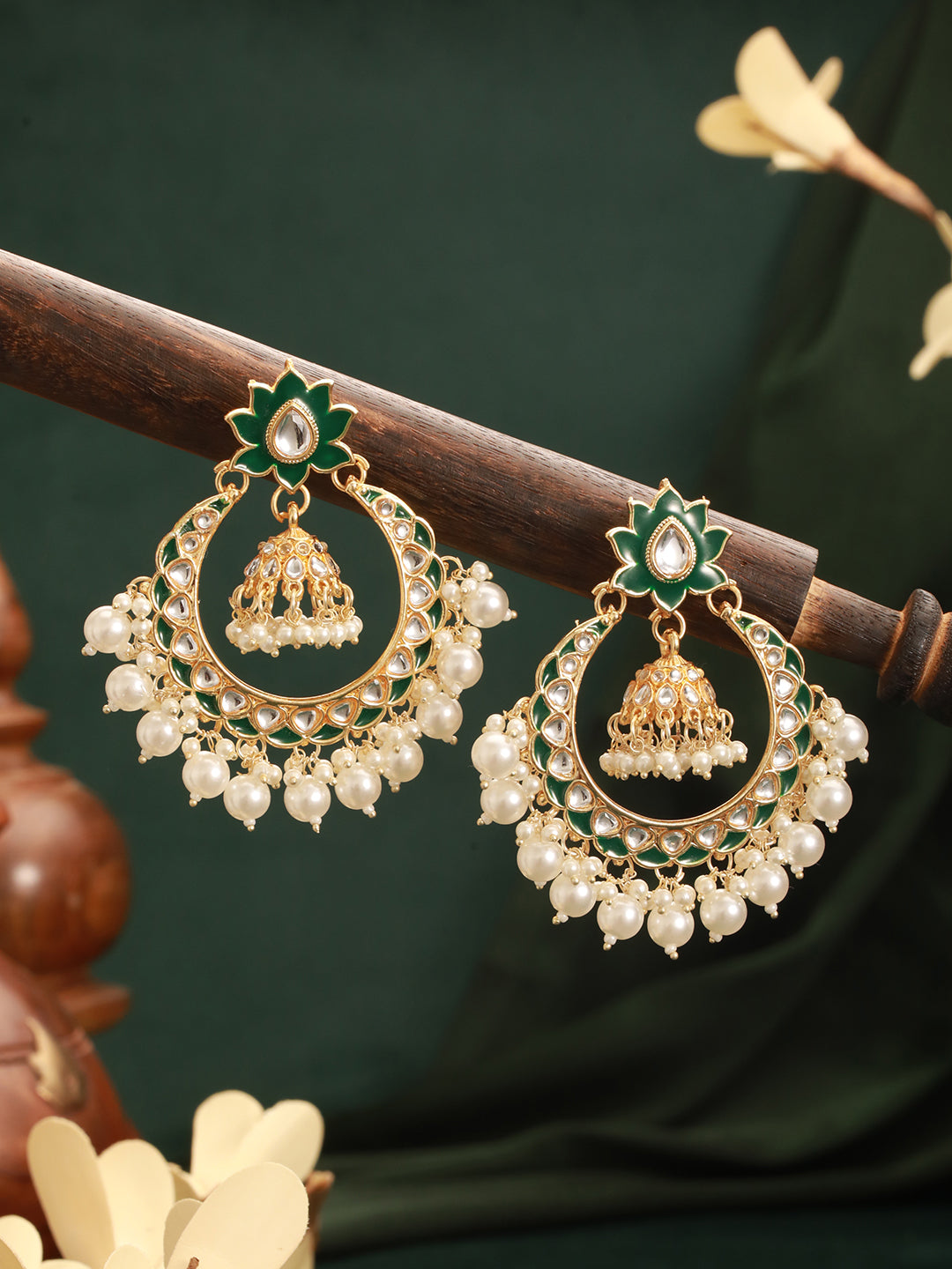 Jazz And Sizzle Green Kundan Studded Pearl Chandbali Earrings