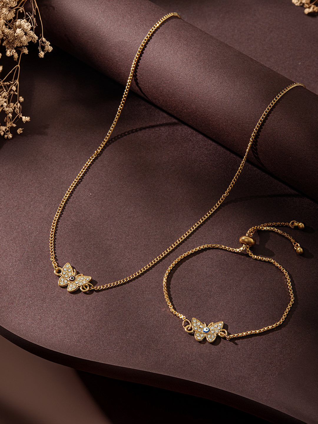 Jazz And Sizzle Gold-Plated CZ Studded Butterfly Charm Necklace & Bracelet Set