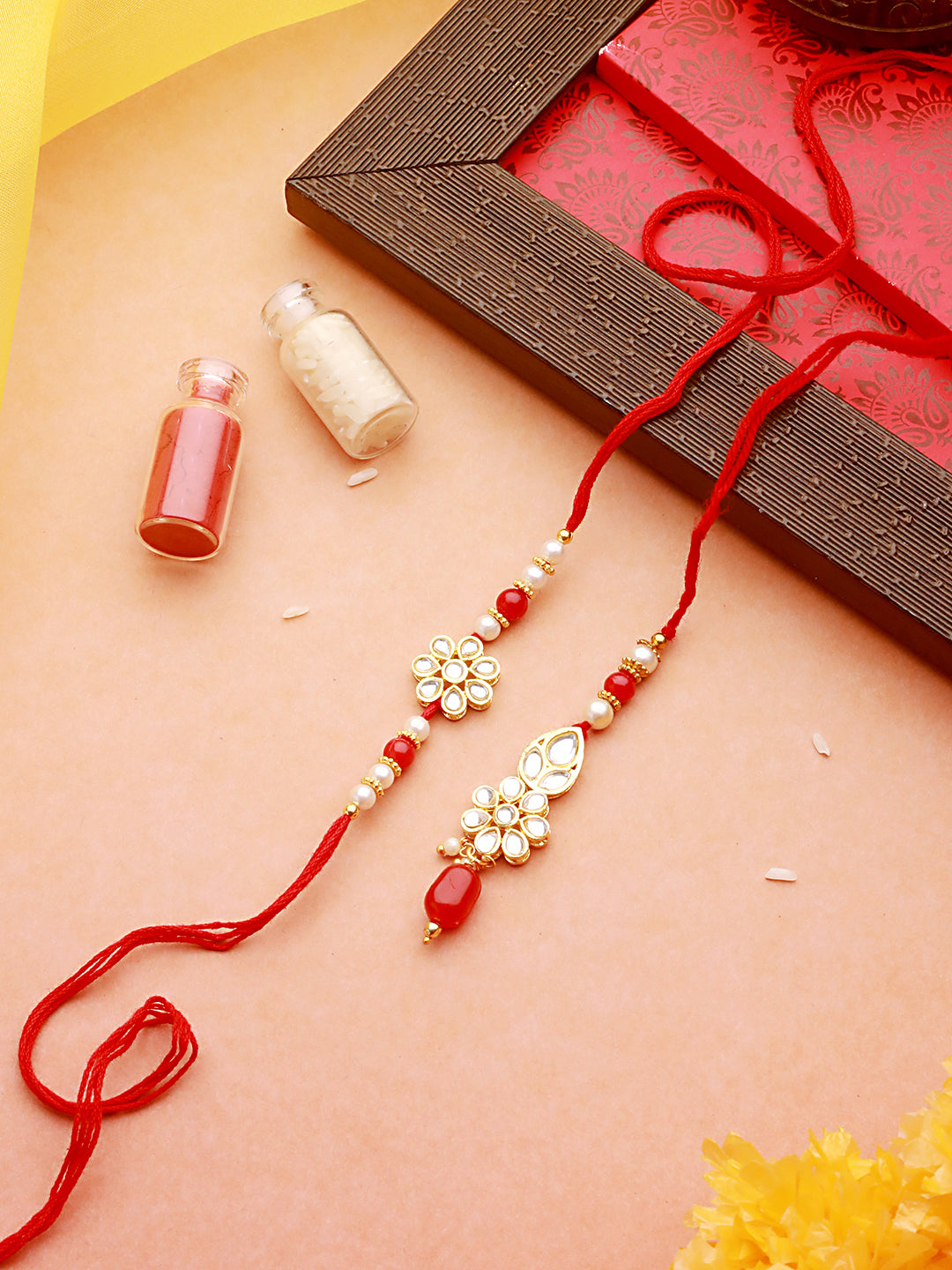 Set Of 2 Maroon Red Kundan Beaded Thread & Lumba Rakhi For Bhai & Bhabhi| Rakhi| Set Rakhi