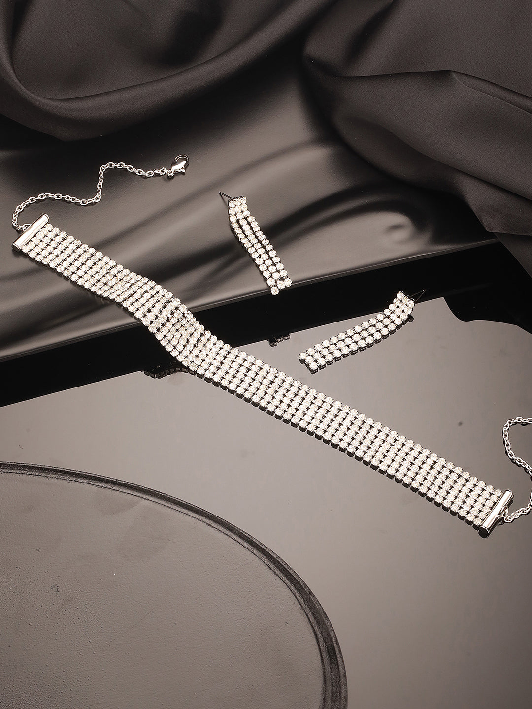 Jazz And Sizzle Silver Plated Crystal& Zirconia Studded MultiStrand Jewellery Set