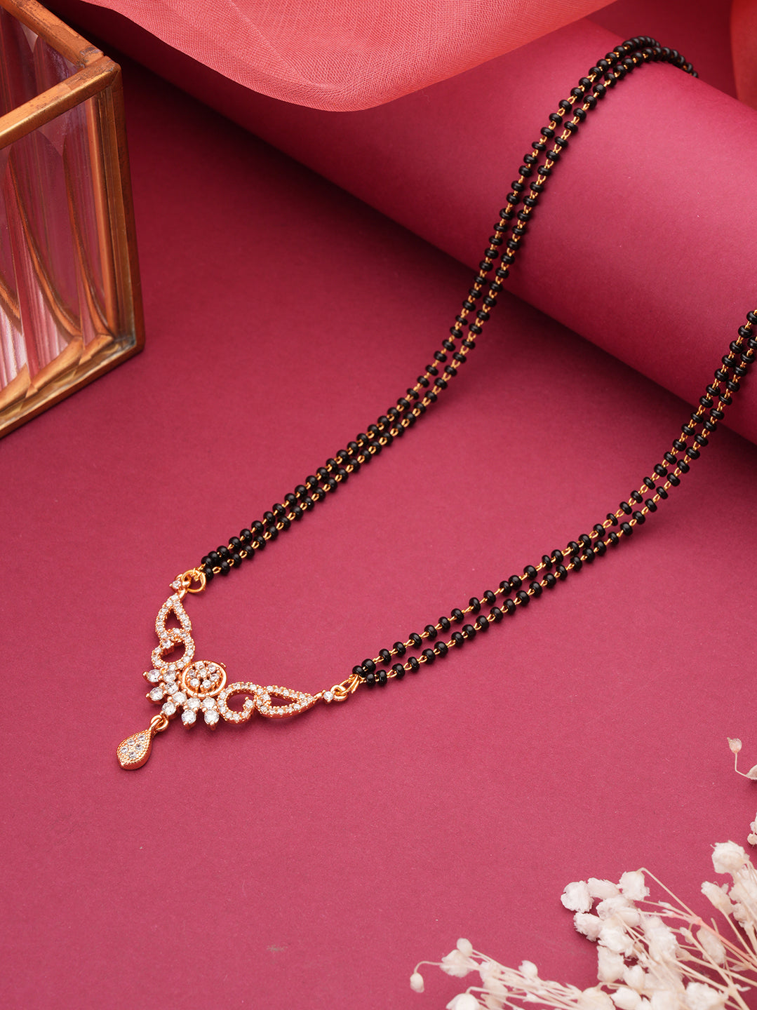 Jazz And Sizzle Rose Gold Plated Black Beads Beaded Floral Shaped Mangalsutra
